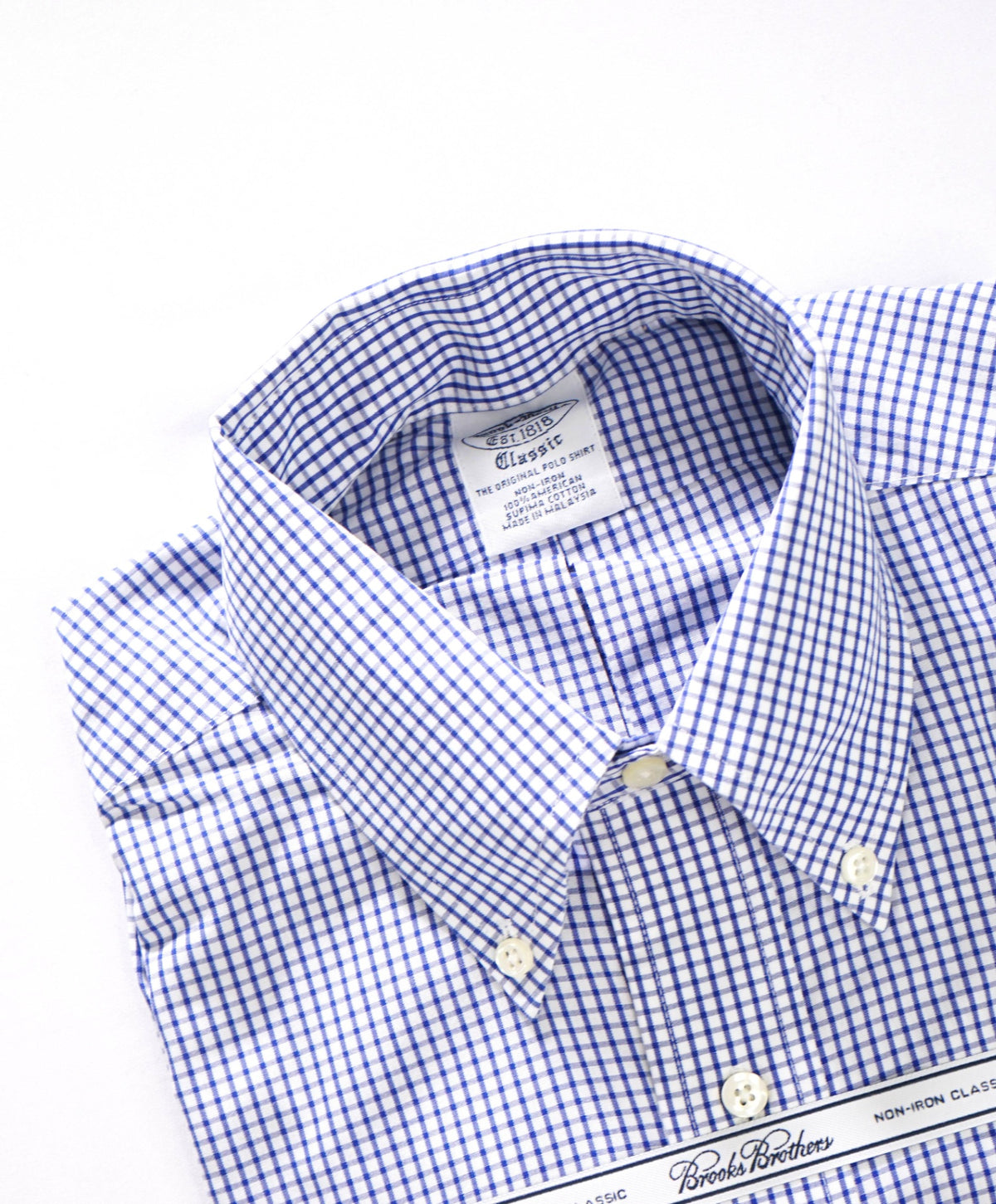 $128 BROOKS BROTHERS - Blue Gingham NON-IRON "Classic" Shirt - 15 - 34