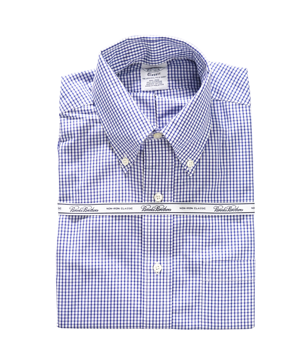 $128 BROOKS BROTHERS - Blue Gingham NON-IRON "Classic" Shirt - 15 - 34