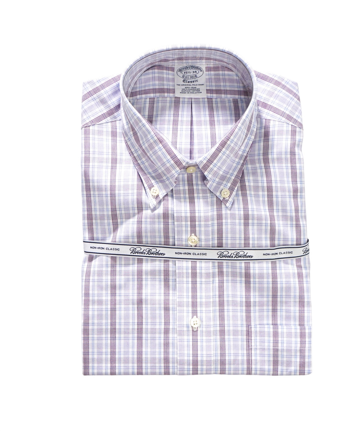 $128 BROOKS BROTHERS - Purple/Blue Plaid NON-IRON "Classic" Shirt - 15.5 - 34