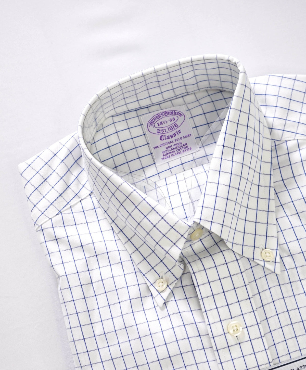 $128 BROOKS BROTHERS - Blue Check NON-IRON "Classic" Shirt - 14.5 - 33
