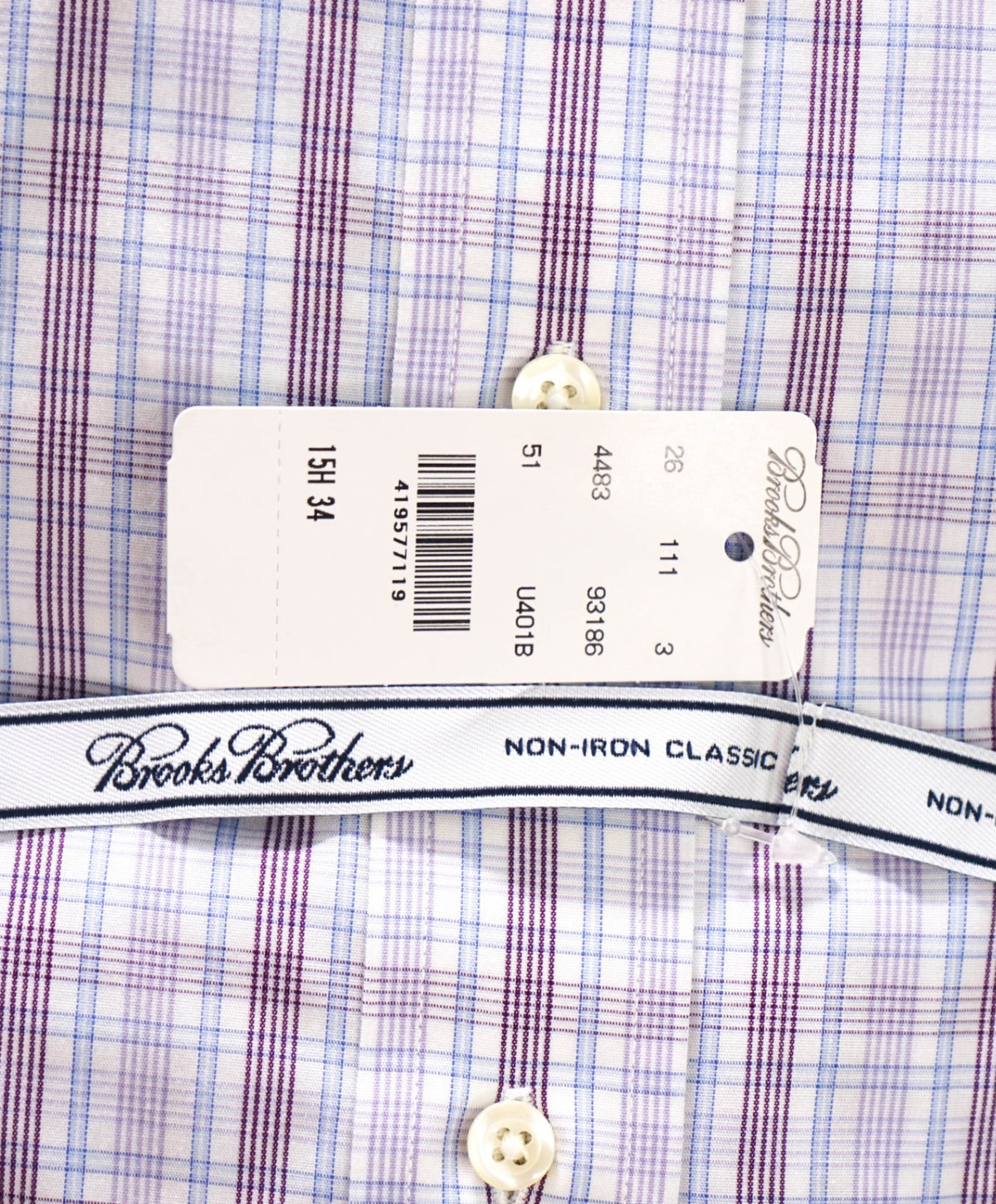 $128 BROOKS BROTHERS - Purple/Blue Plaid NON-IRON "Classic" Shirt - 15.5 - 34