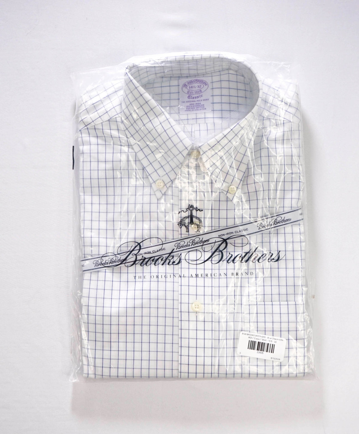 $128 BROOKS BROTHERS - Blue Check NON-IRON "Classic" Shirt - 14.5 - 32