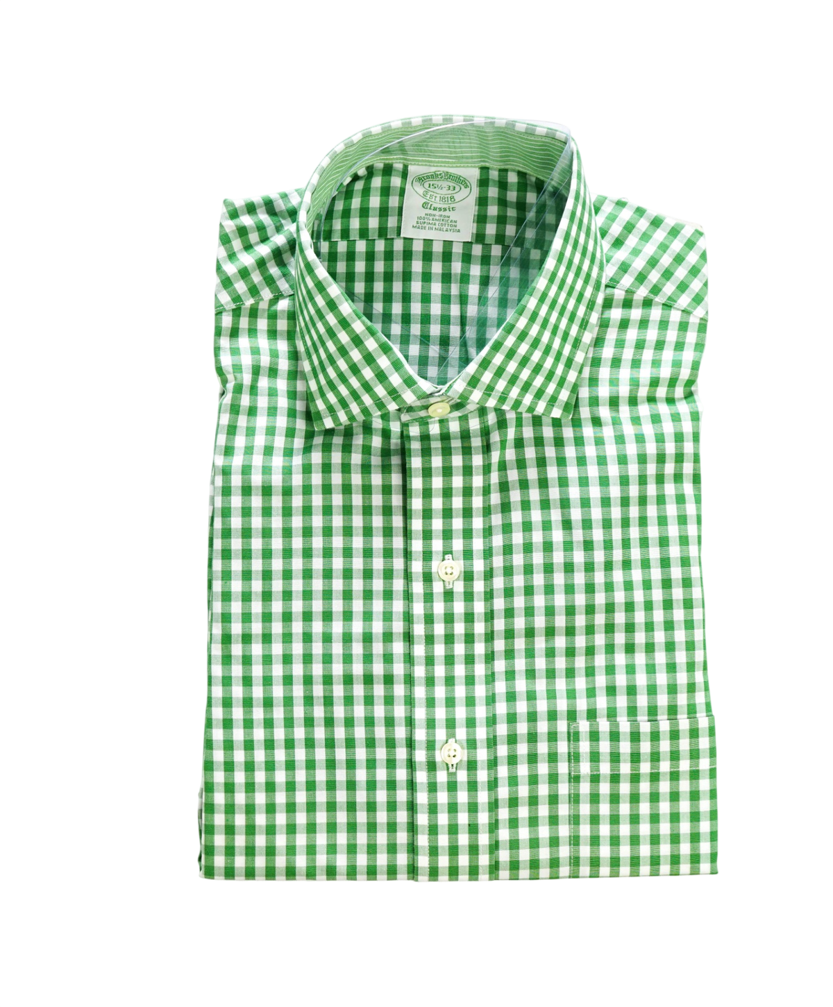 $128 BROOKS BROTHERS - Green Gingham NON-IRON "Classic" Shirt - 15.5 - 33