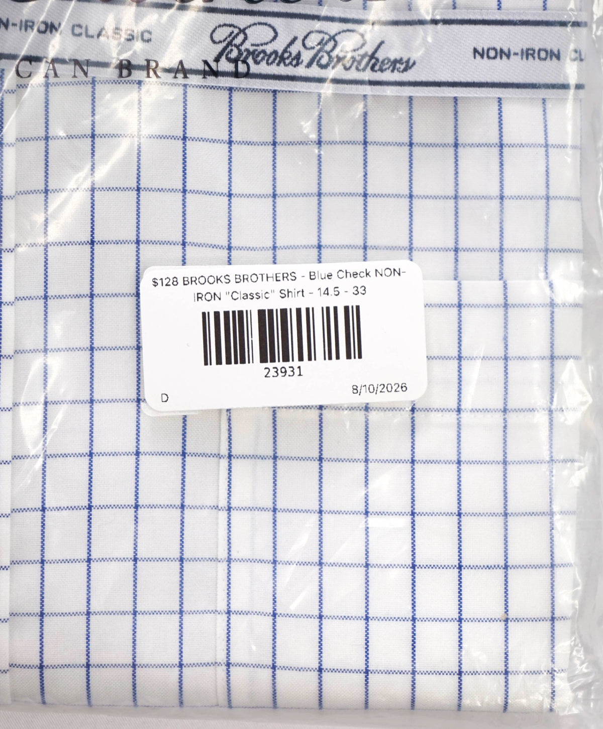 $128 BROOKS BROTHERS - Blue Check NON-IRON "Classic" Shirt - 14.5 - 33
