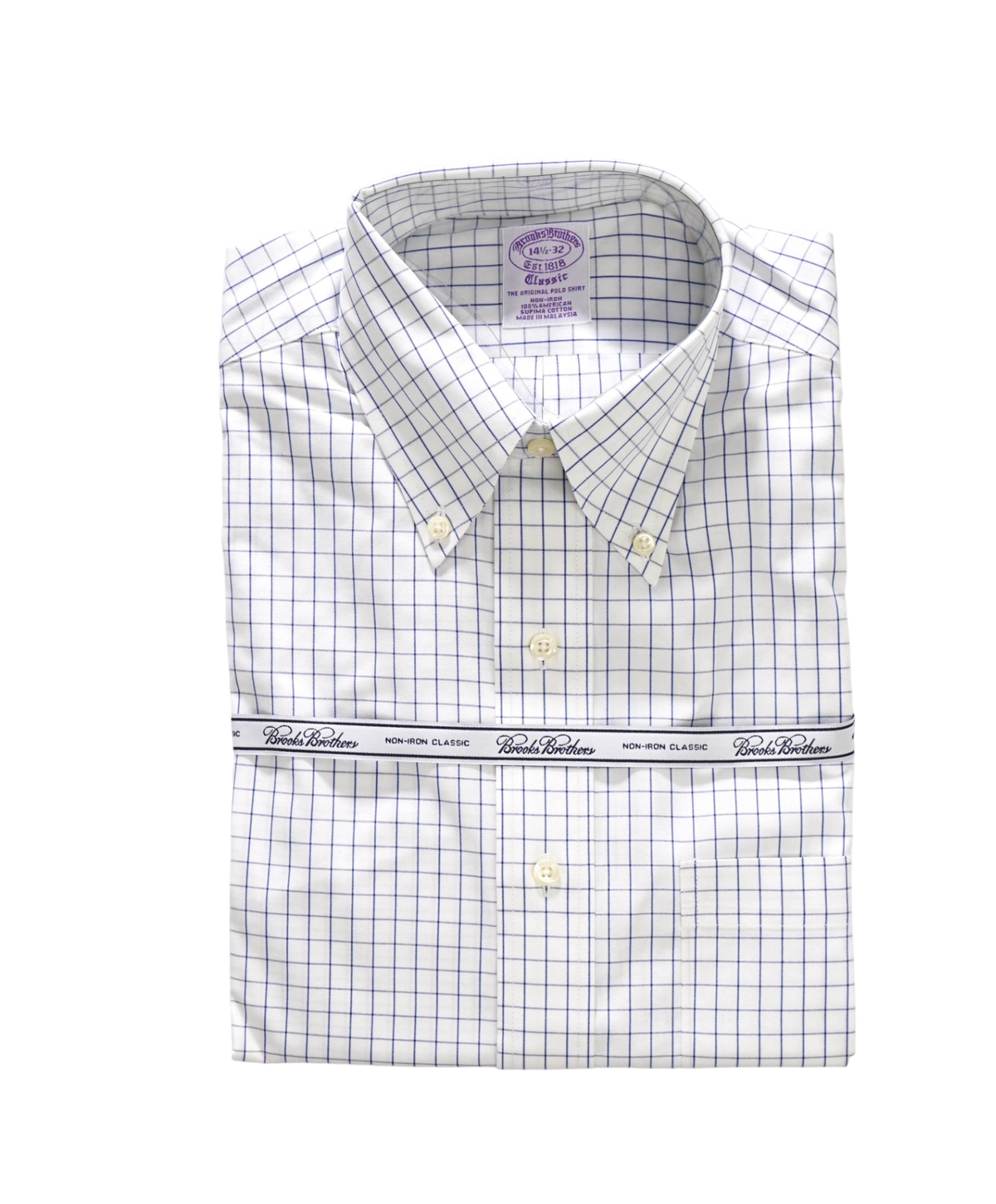 $128 BROOKS BROTHERS - Blue Check NON-IRON "Classic" Shirt - 14.5 - 32