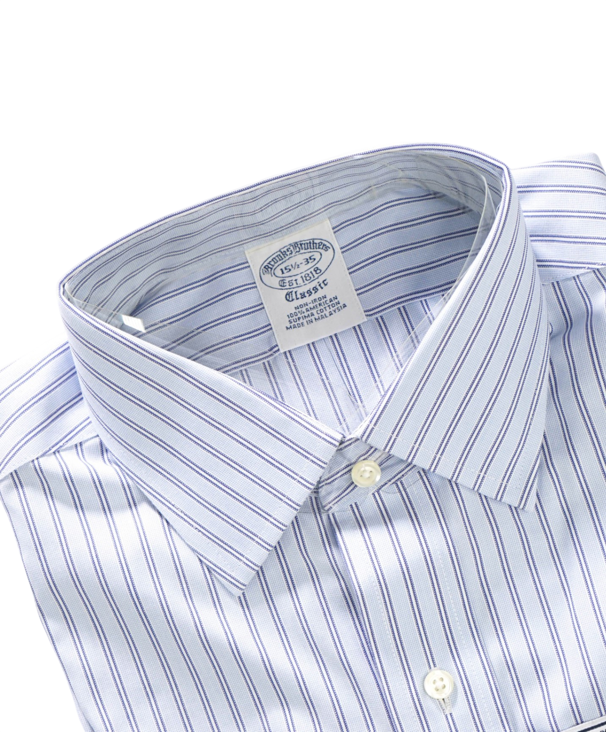 $128 BROOKS BROTHERS - Blue Stripe NON-IRON "Classic" Shirt - 15.5 - 35