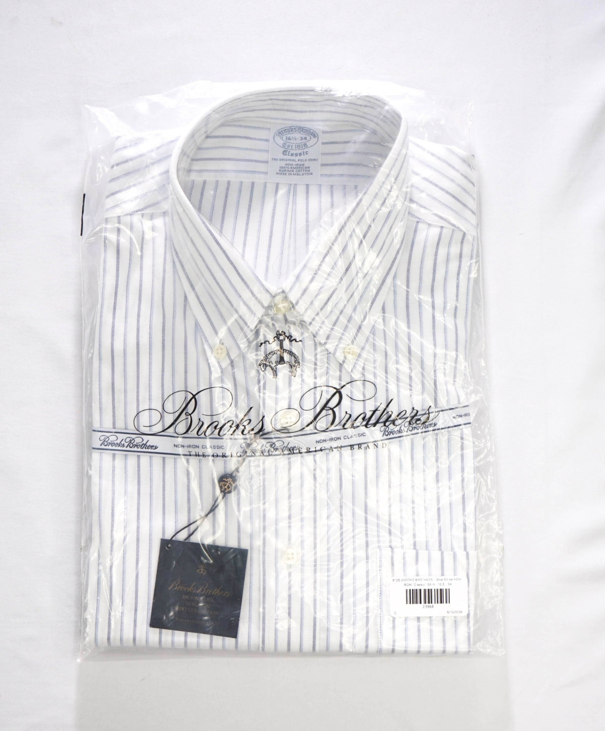 $128 BROOKS BROTHERS - Blue Stripe NON-IRON "Classic" Shirt - 16.5 - 34