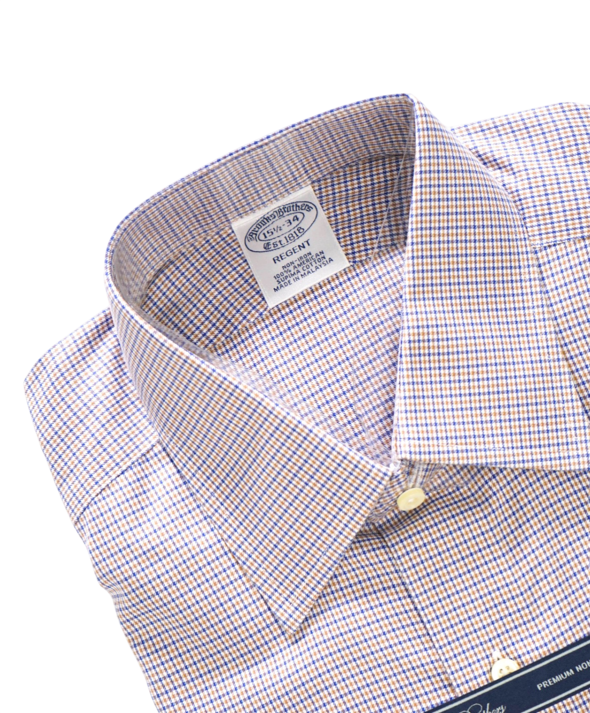 $128 BROOKS BROTHERS - Brown/Blue Micro Plaid Non-Iron "REGENT" Shirt - 15.5 - 34