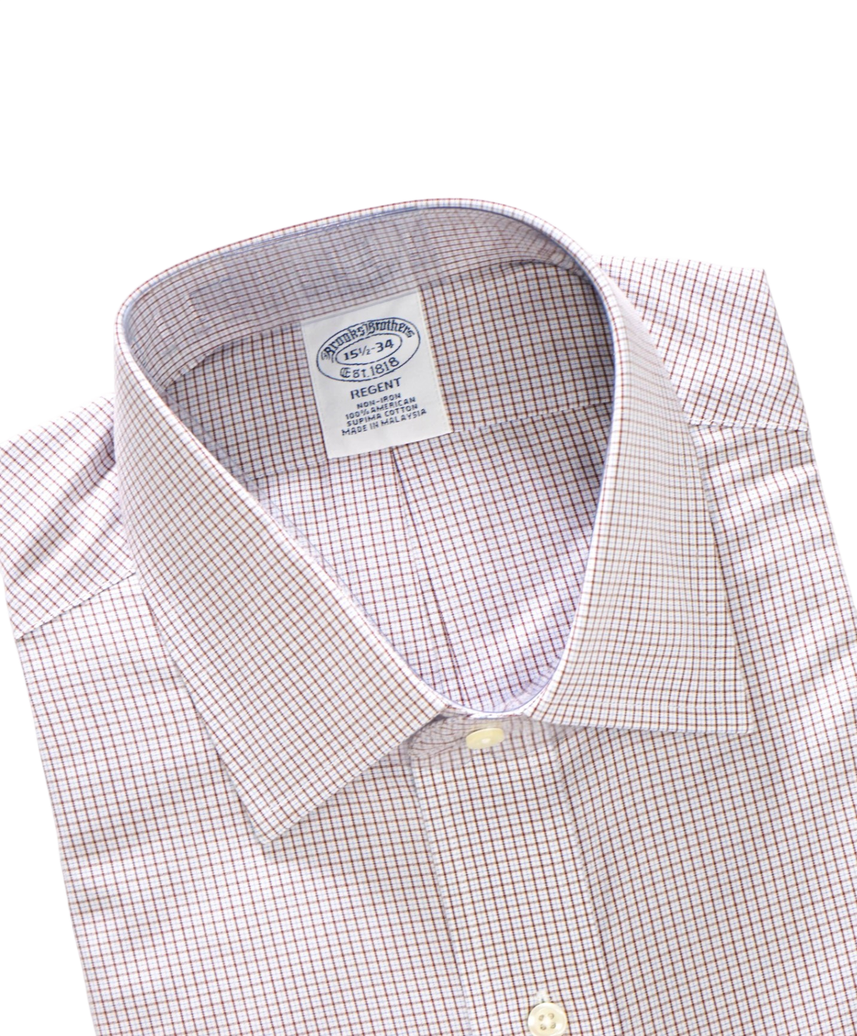 $128 BROOKS BROTHERS - Brown/Blue Micro Plaid Non-Iron "REGENT" Shirt - 15.5 - 34