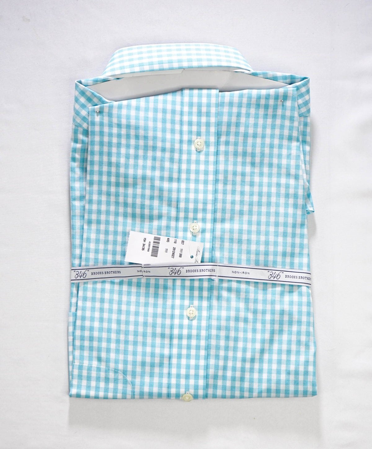 $128 BROOKS BROTHERS - Turquoise Gingham NON-IRON "364" SLIM FIT Shirt - 15.5 - 34/35