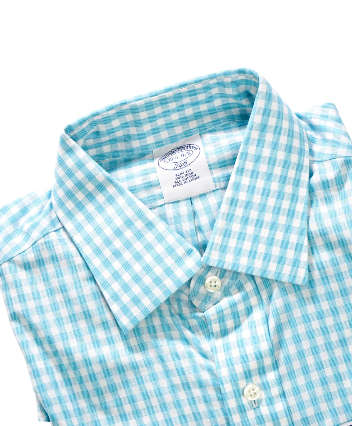 $128 BROOKS BROTHERS - Turquoise Gingham NON-IRON "364" SLIM FIT Shirt - 15.5 - 34/35
