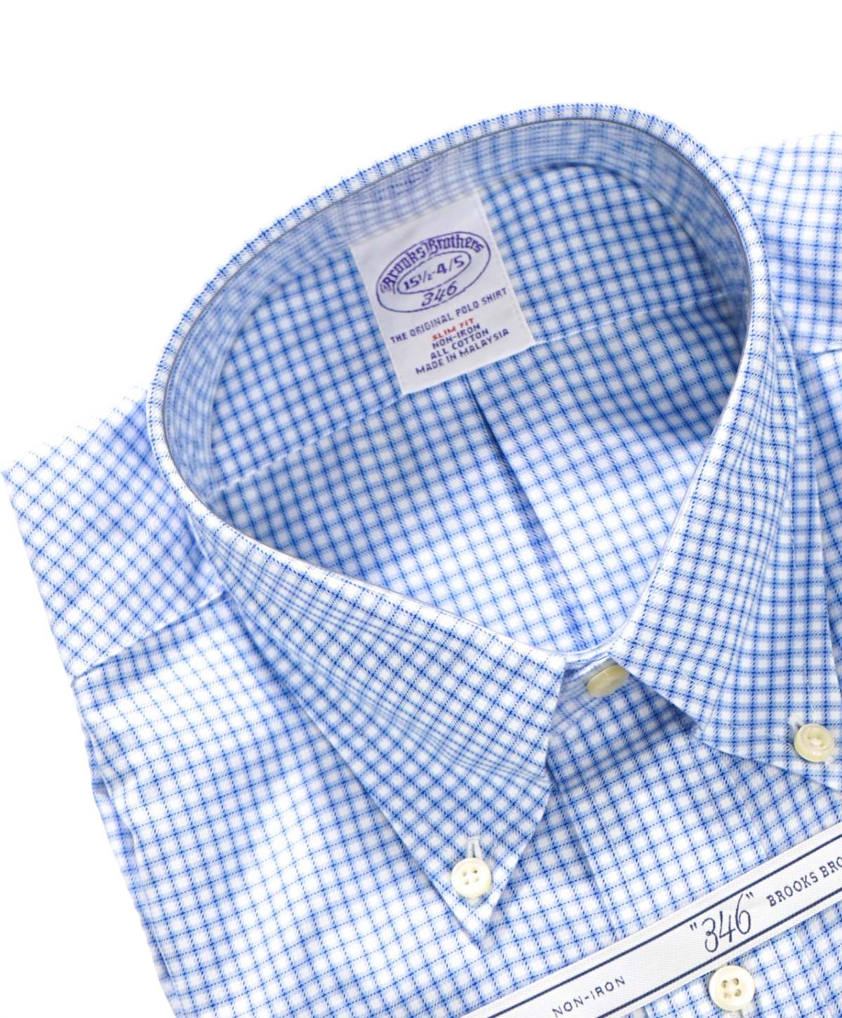 $128 BROOKS BROTHERS - Blue Check NON-IRON "364" SLIM FIT Shirt - 15.5 - 34/35