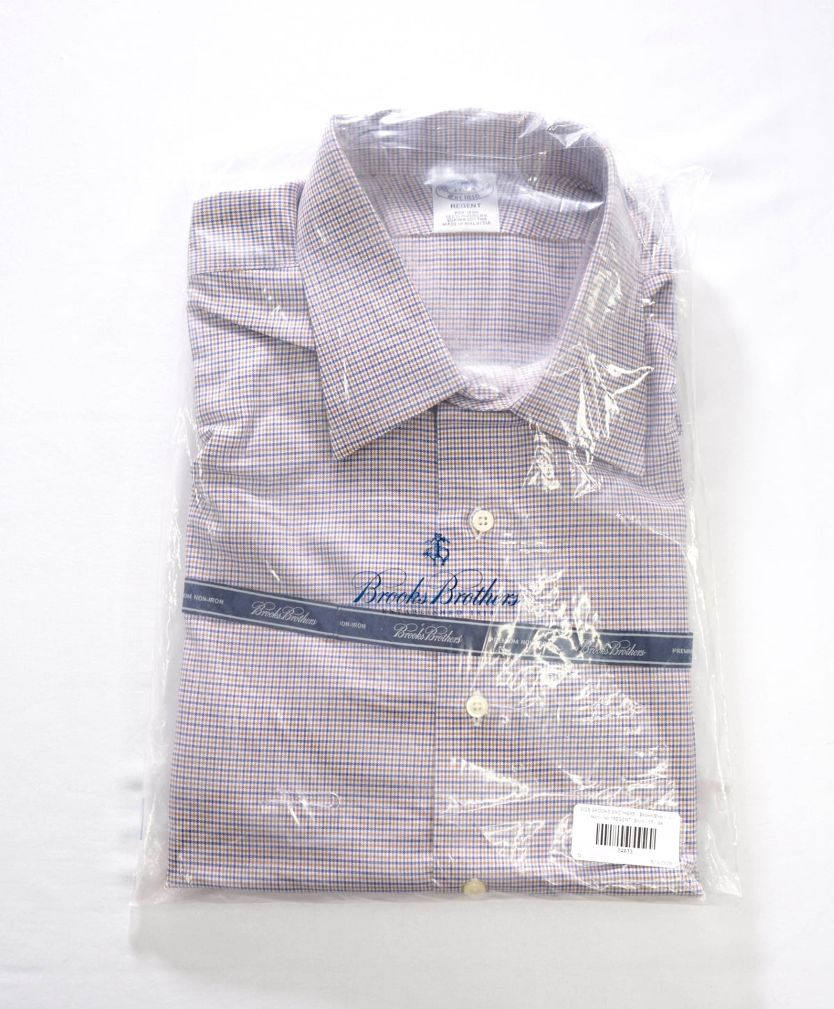 $128 BROOKS BROTHERS - Brown/Blue Micro Plaid Non-Iron "REGENT" Shirt - 17 - 34