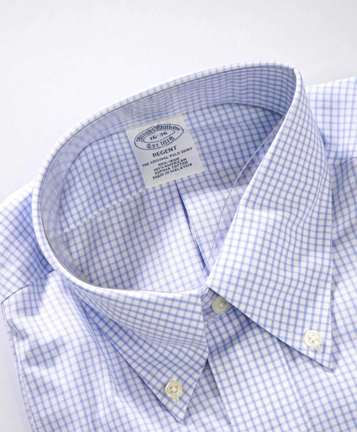 $128 BROOKS BROTHERS - Blue Gingham Non-Iron "REGENT" Shirt - 16 - 36