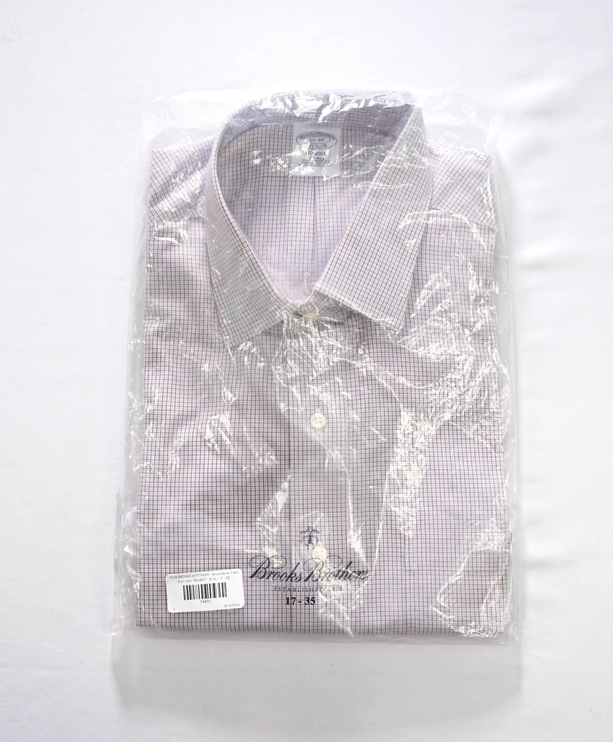 $128 BROOKS BROTHERS - Brown/Blue Micro Plaid Non-Iron "REGENT" Shirt - 17 - 35