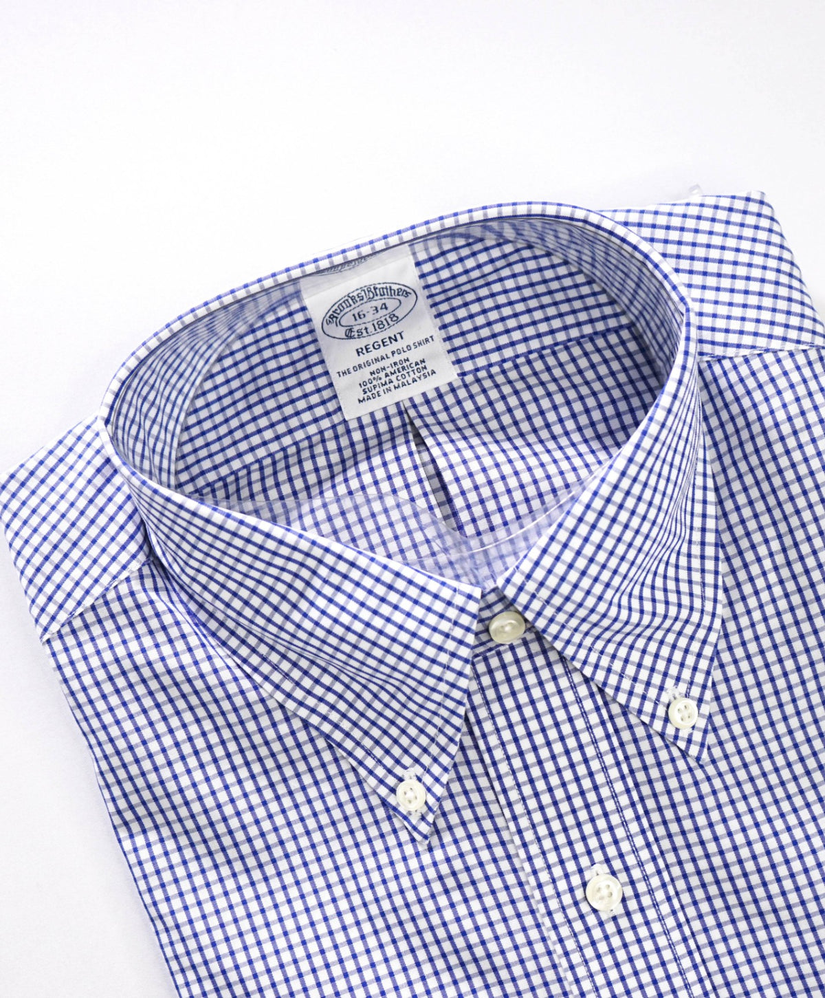 $128 BROOKS BROTHERS - Blue Gingham Non-Iron "REGENT" Shirt - 16 - 34