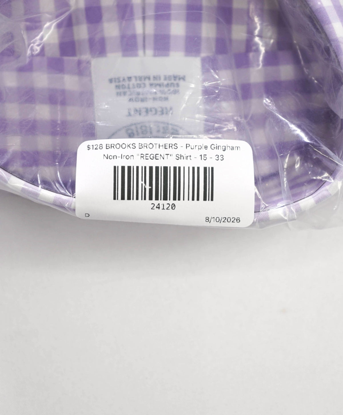 $128 BROOKS BROTHERS - Purple Gingham Non-Iron "REGENT" Shirt - 15 - 33