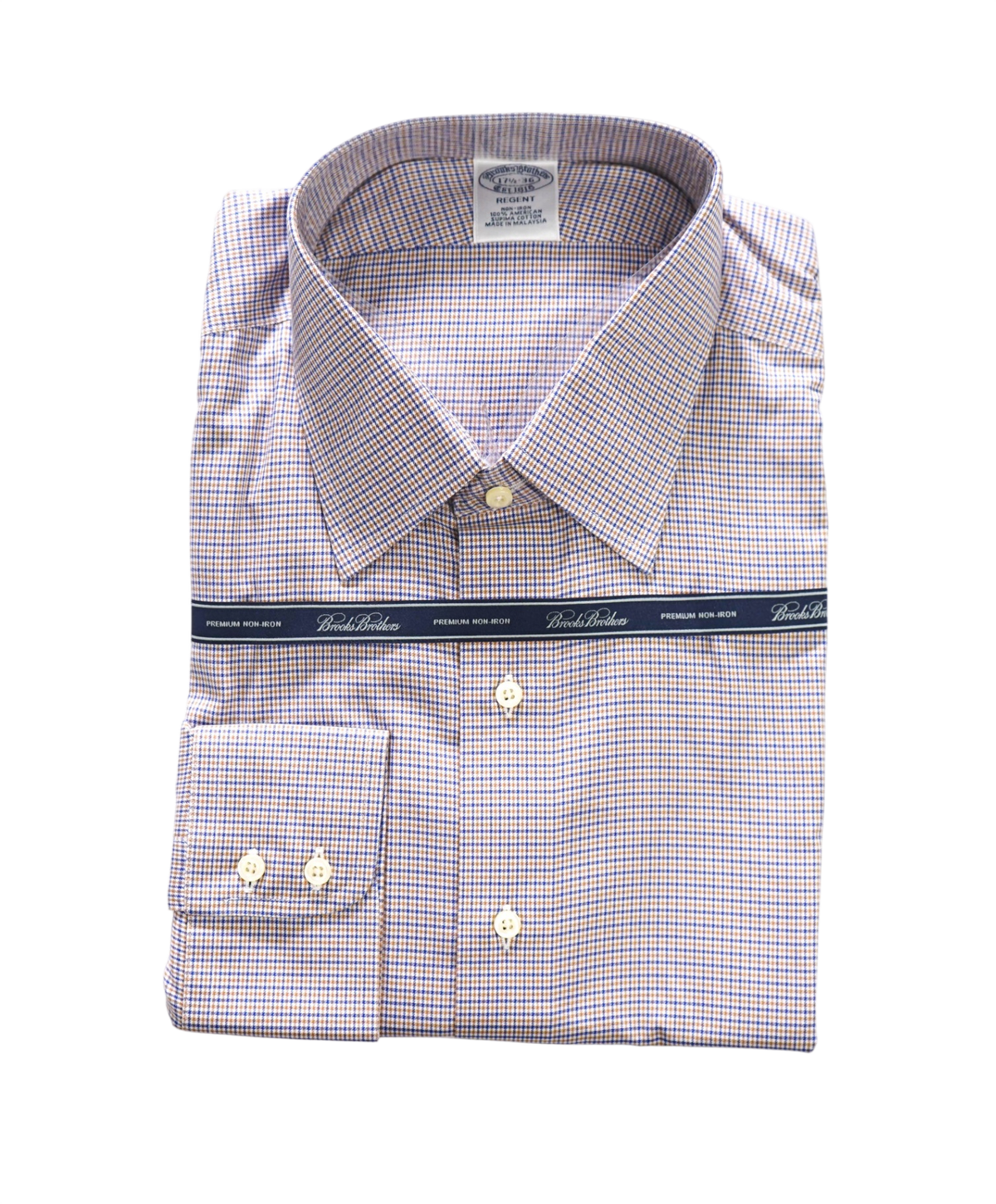 $128 BROOKS BROTHERS - Brown/Blue Micro Plaid Non-Iron "REGENT" Shirt - 17.5 - 36