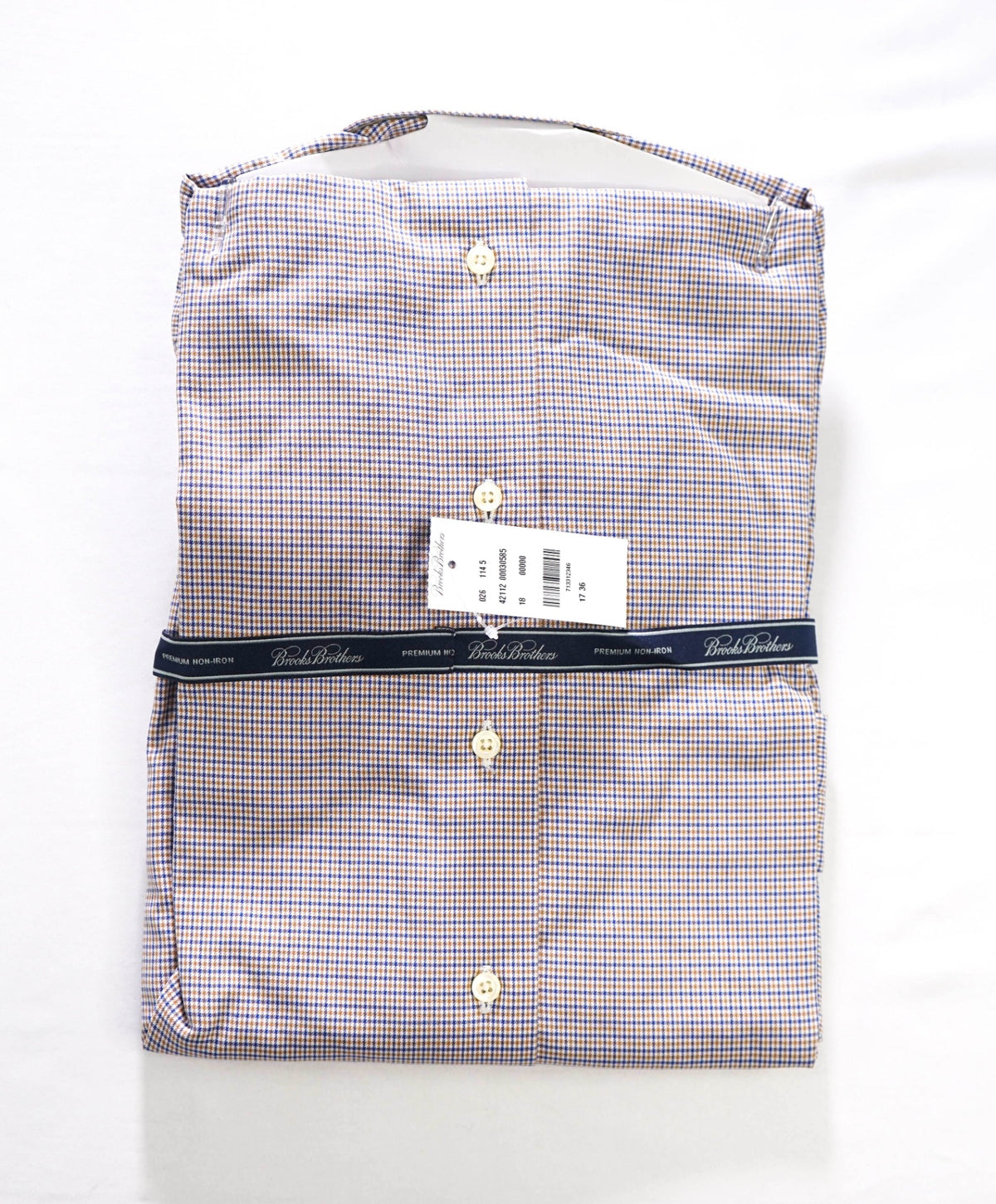 $128 BROOKS BROTHERS - Brown/Blue Micro Plaid Non-Iron "REGENT" Shirt - 17 - 36