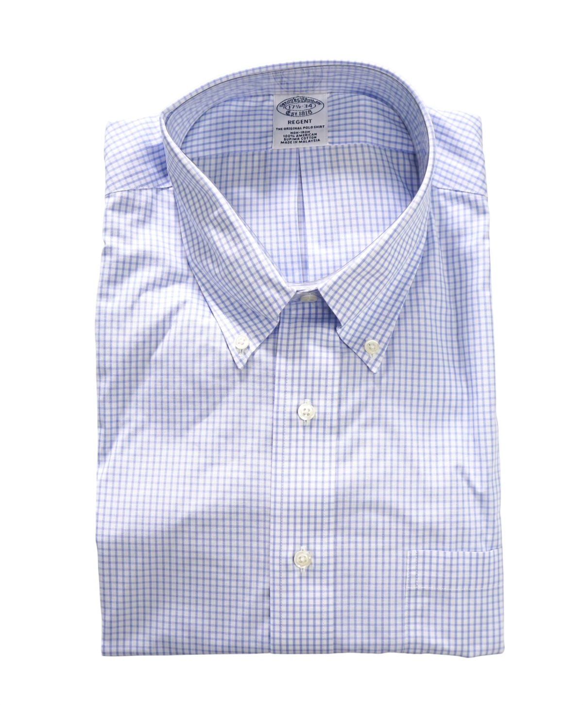 $128 BROOKS BROTHERS - Blue Gingham Non-Iron "REGENT" Shirt - 17.5 - 34