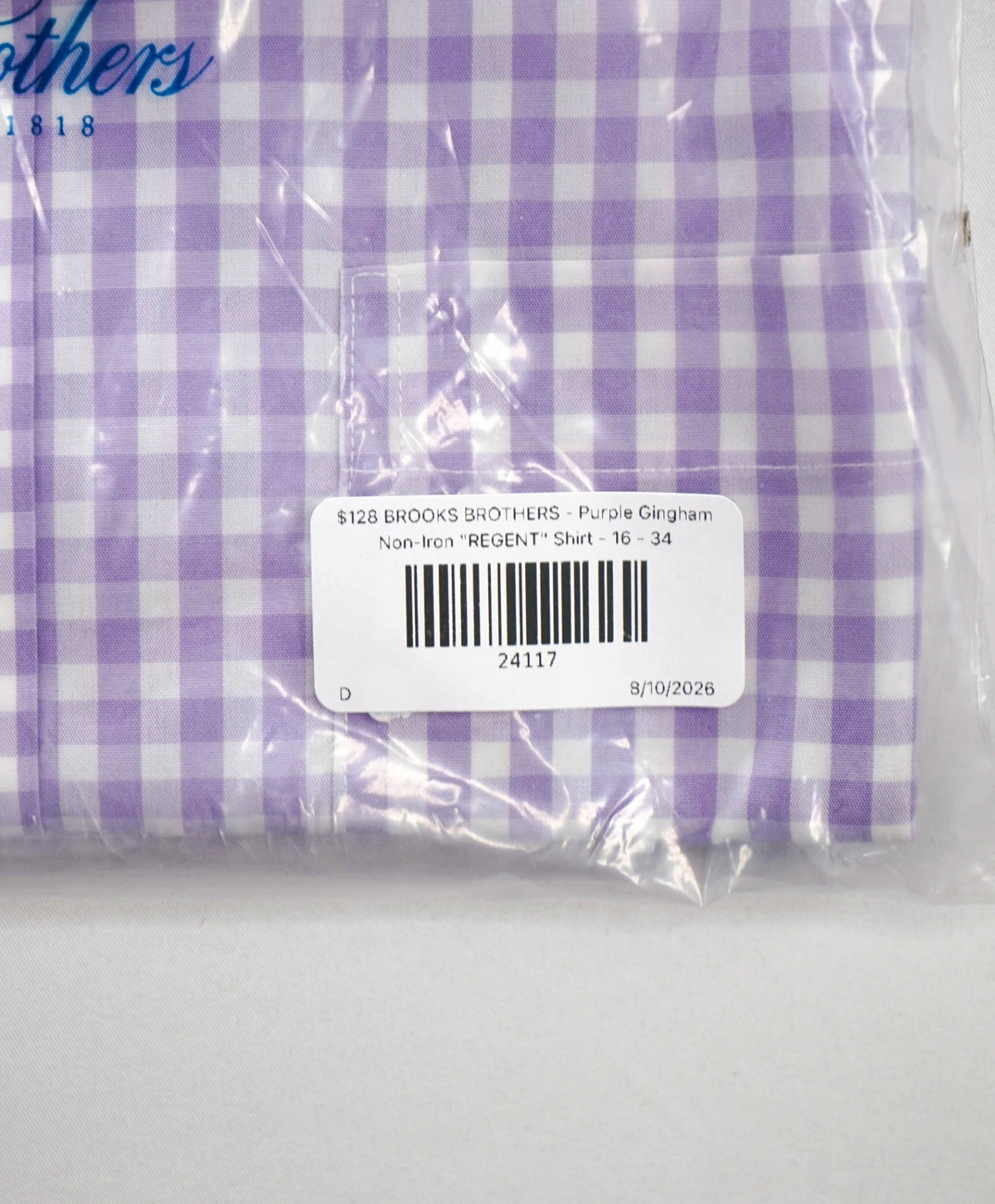 $128 BROOKS BROTHERS - Purple Gingham Non-Iron "REGENT" Shirt - 16 - 34