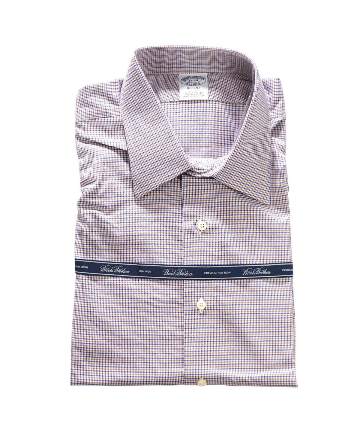 $128 BROOKS BROTHERS - Brown/Blue Micro Plaid Non-Iron "REGENT" Shirt - 17 - 34