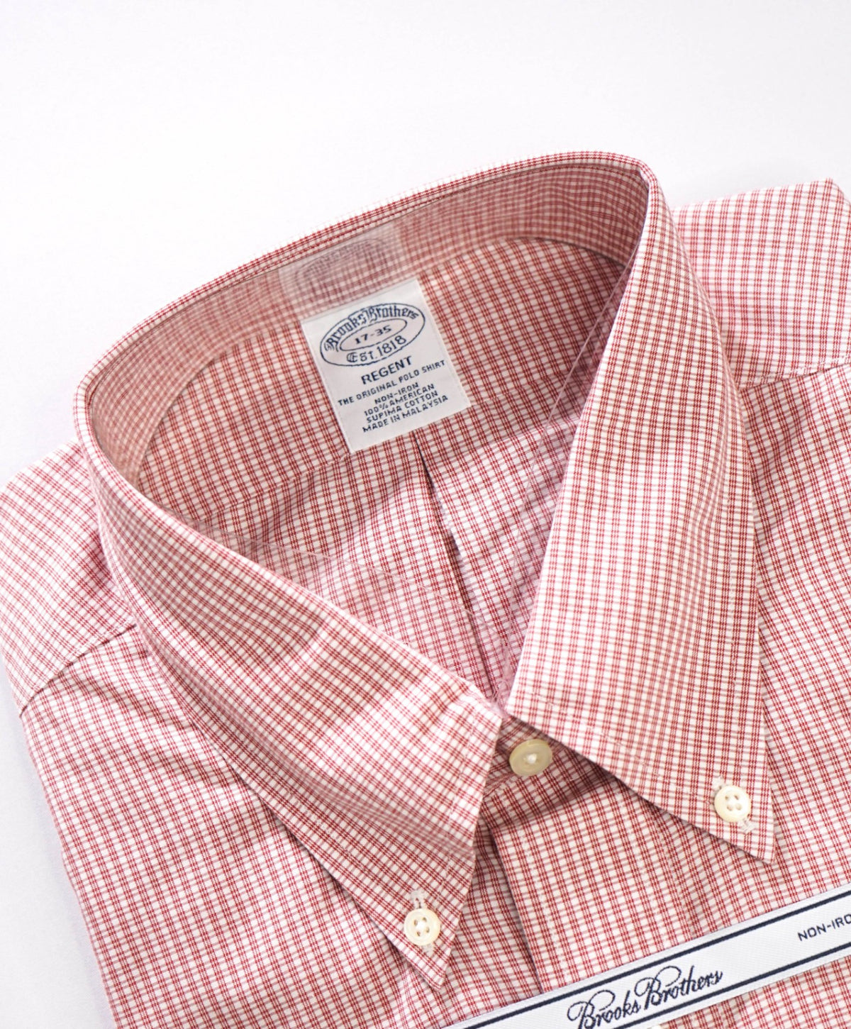 $128 BROOKS BROTHERS - Red Micro Plaid Non-Iron "REGENT" Shirt - 17 - 35