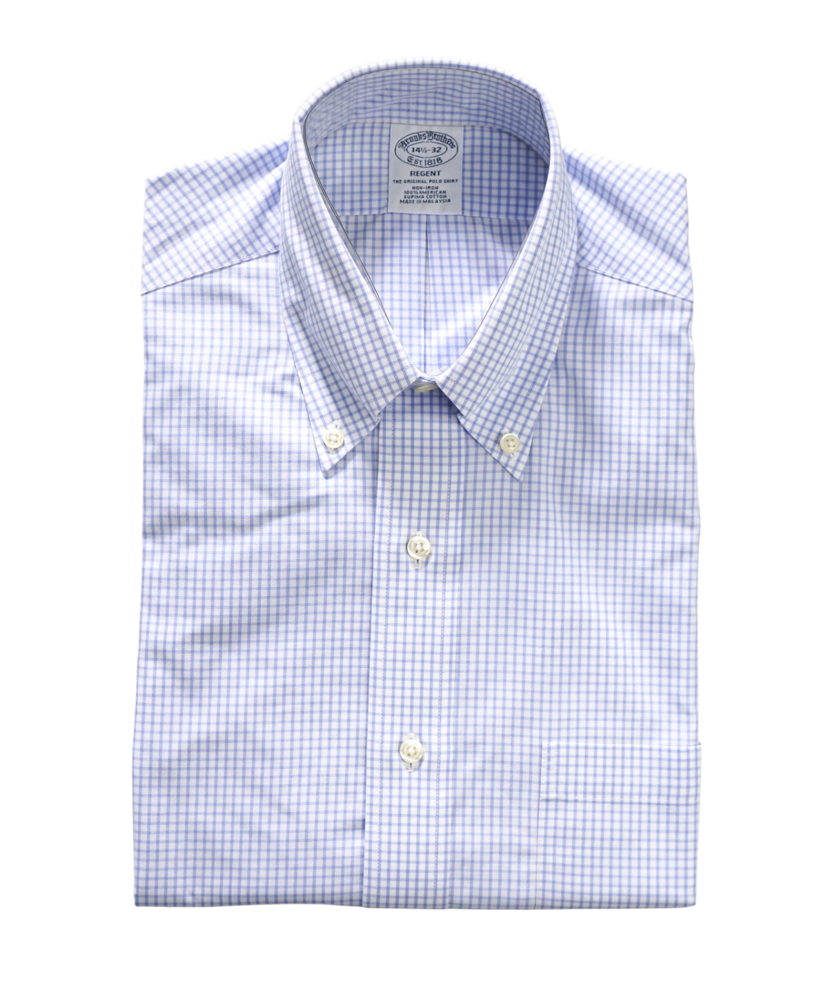 $128 BROOKS BROTHERS - Blue Gingham Non-Iron "REGENT" Shirt - 14.5 - 32