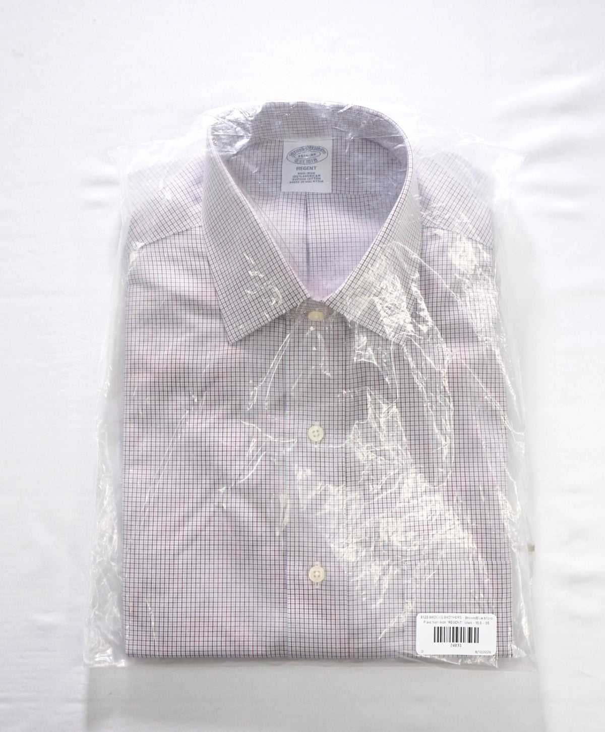 $128 BROOKS BROTHERS - Brown/Blue Micro Plaid Non-Iron "REGENT" Shirt - 15.5 - 35