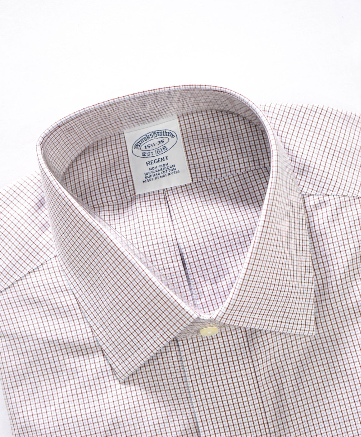 $128 BROOKS BROTHERS - Brown/Blue Micro Plaid Non-Iron "REGENT" Shirt - 15.5 - 35