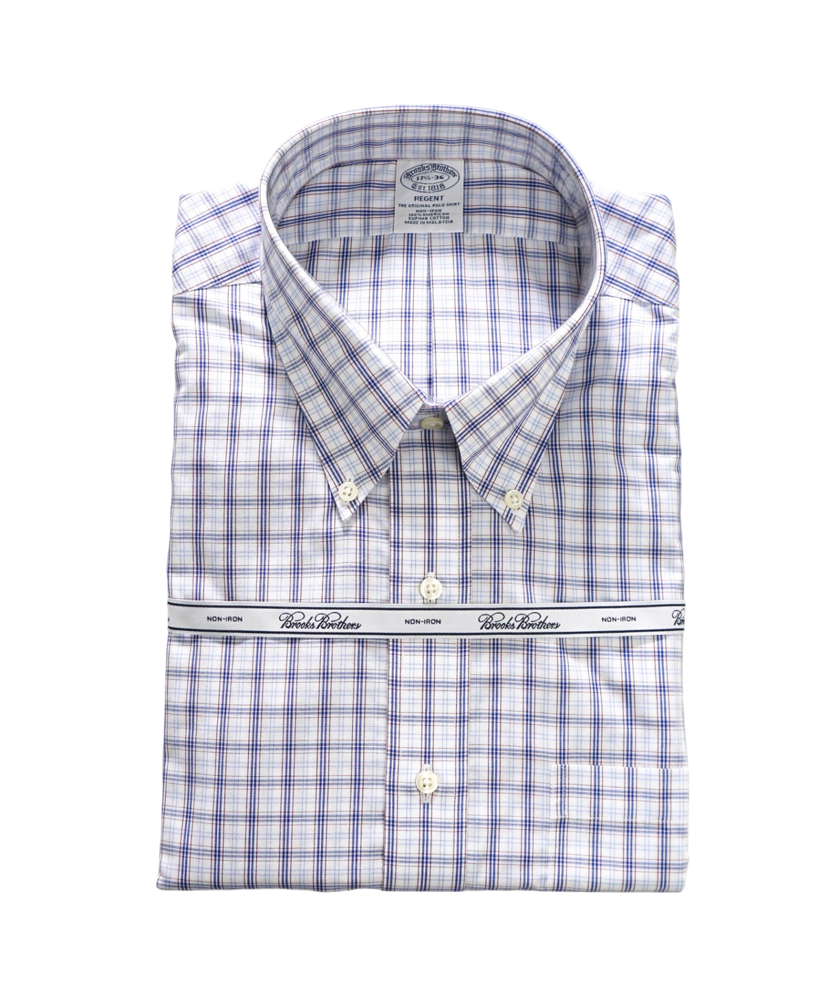 $128 BROOKS BROTHERS - Blue/Brown Plaid Non-Iron "REGENT" Shirt - 17.5 - 36