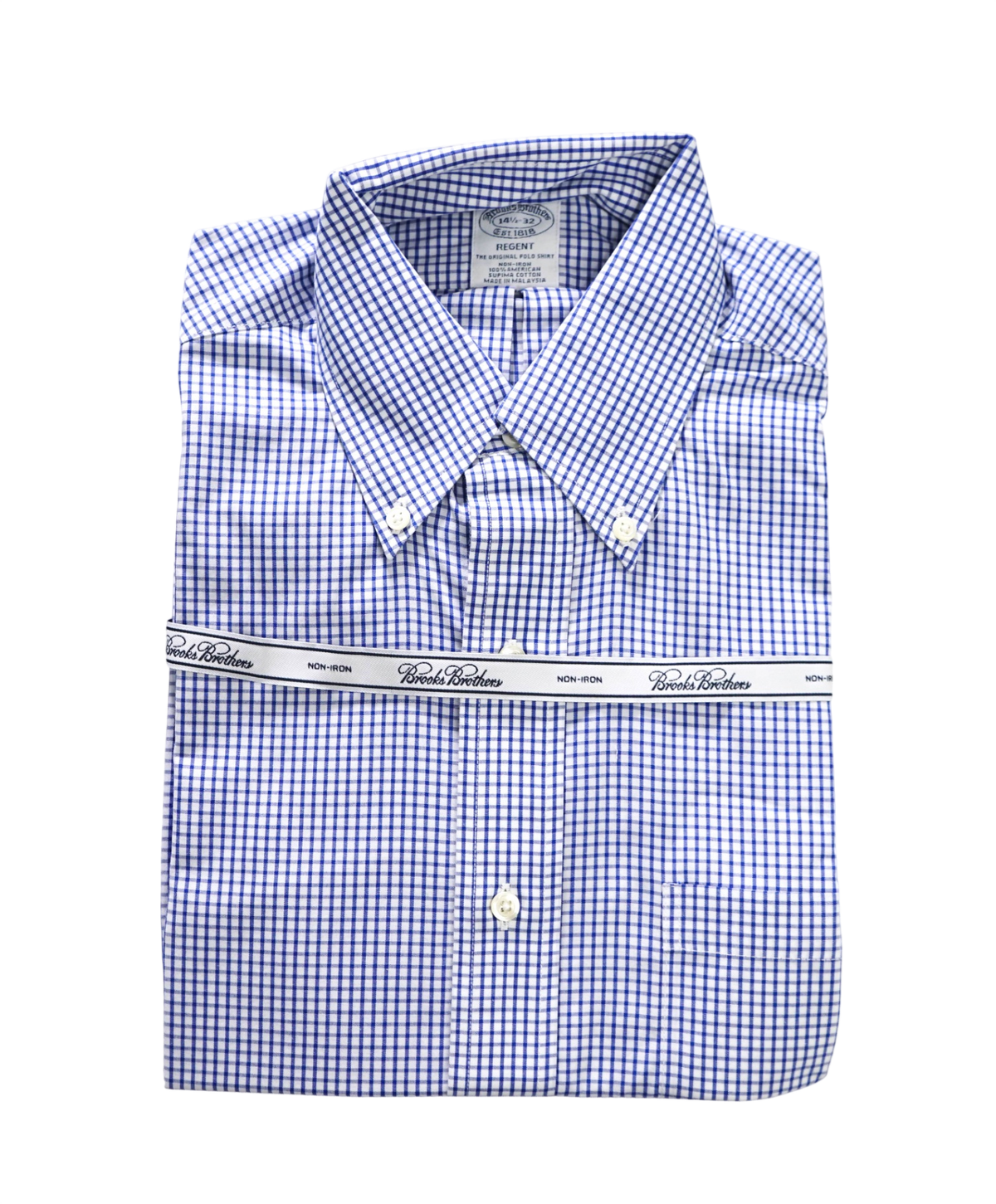 $128 BROOKS BROTHERS - Blue Gingham Non-Iron "REGENT" Shirt - 14.5 - 32