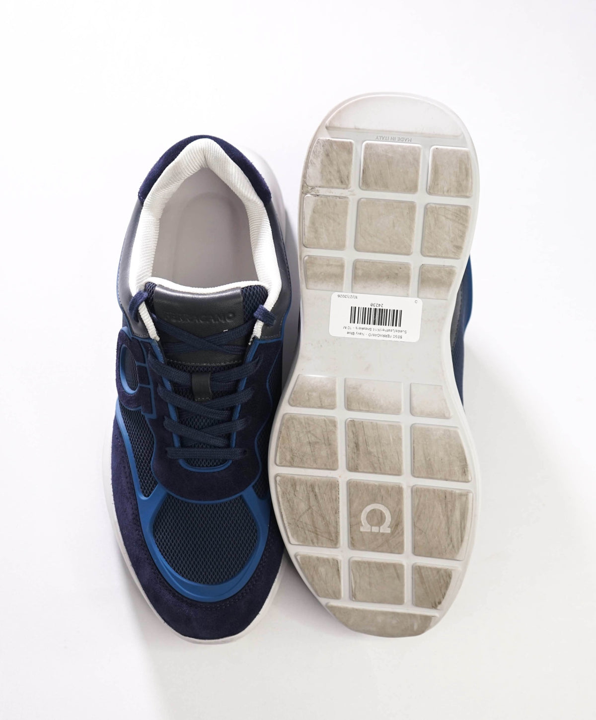 $850 FERRAGAMO - Navy Blue Suede/Leather/Knit Sneakers - 10 M