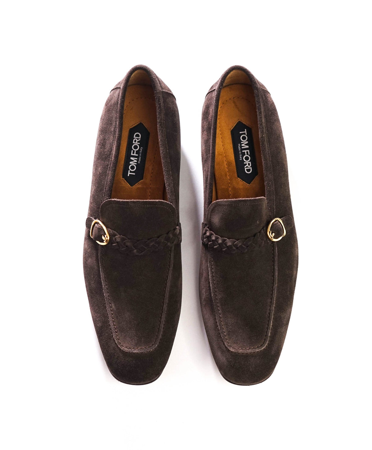 $2,393 TOM FORD - Brown Suede Braided Strap Loafers - US 12 (11.5 TF)