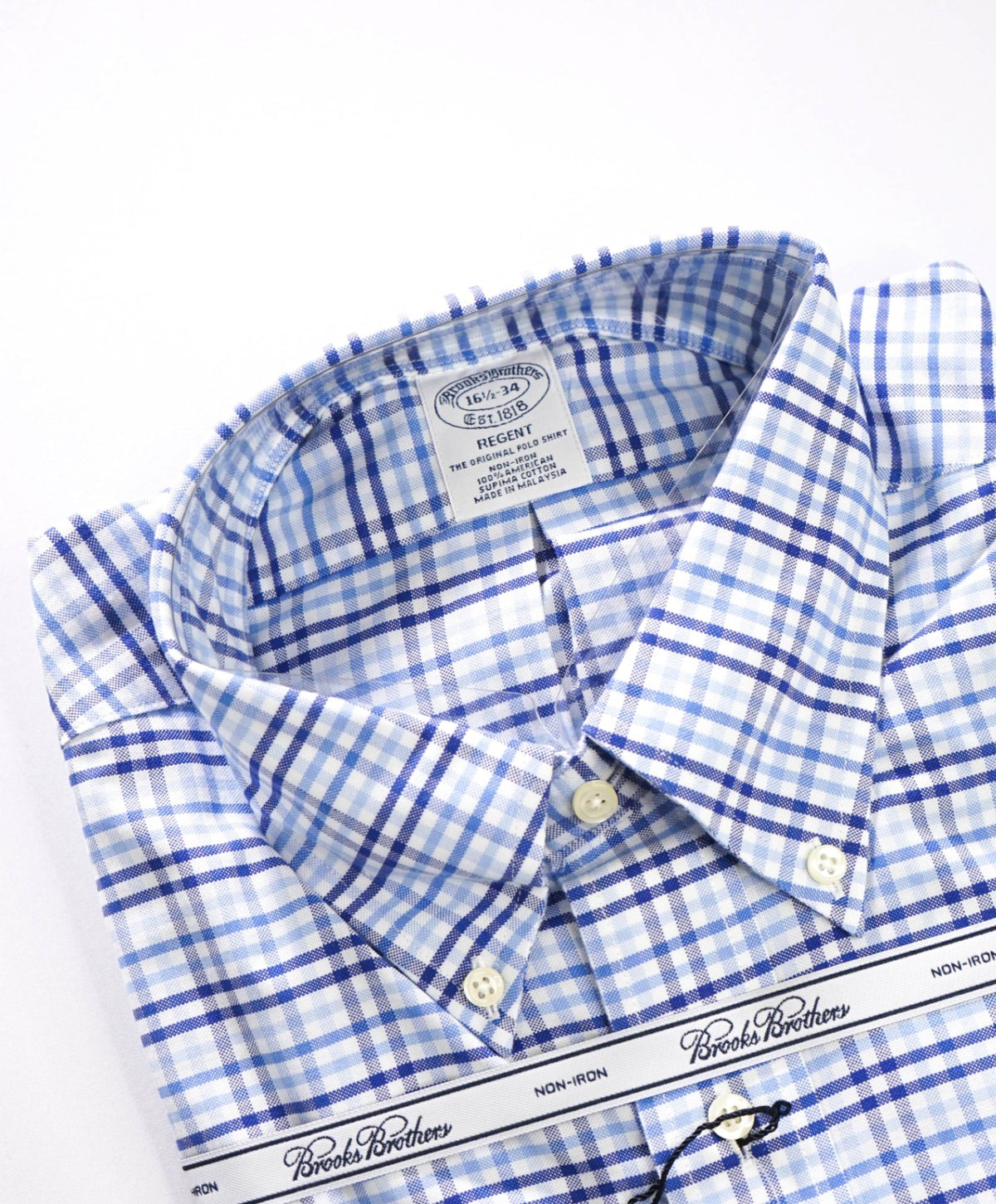 $128 BROOKS BROTHERS - Blue Plaid Non-Iron "REGENT" Shirt - 16.5 - 34