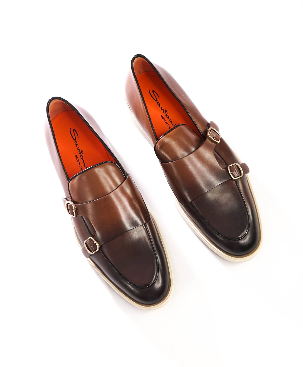 $790 SANTONI - Brown Leather Monk Strap Loafers - US 10 (9UK)