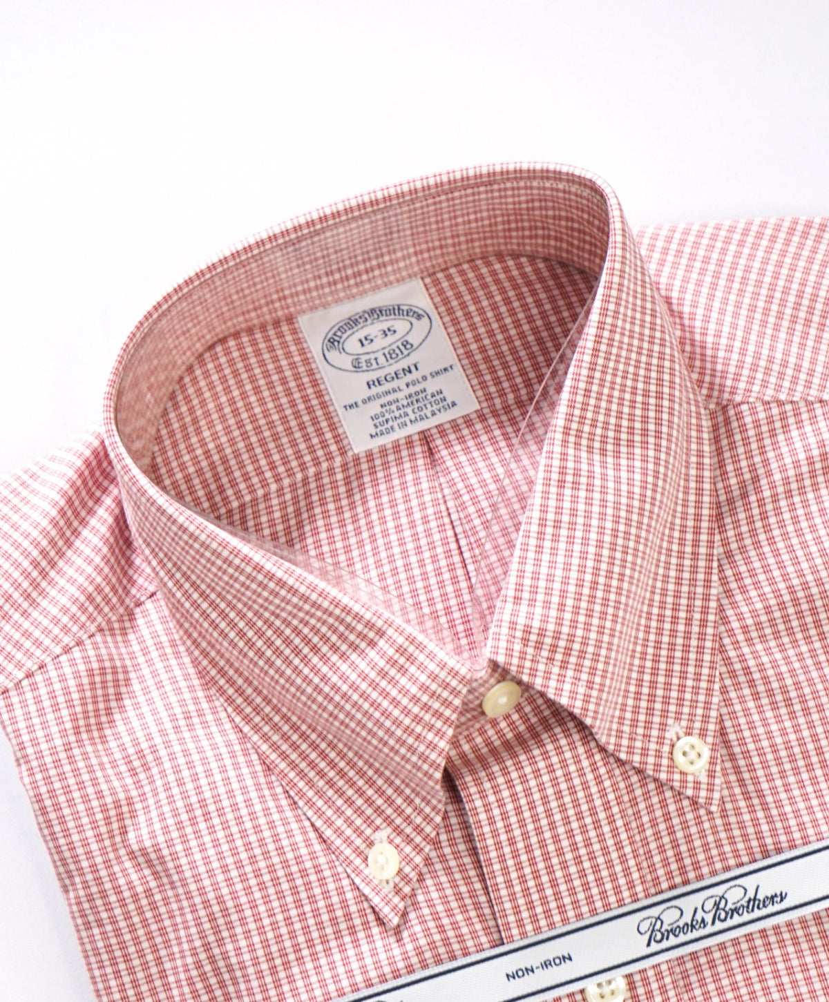 $128 BROOKS BROTHERS - Red Micro Plaid Non-Iron "REGENT" Shirt - 15 - 35