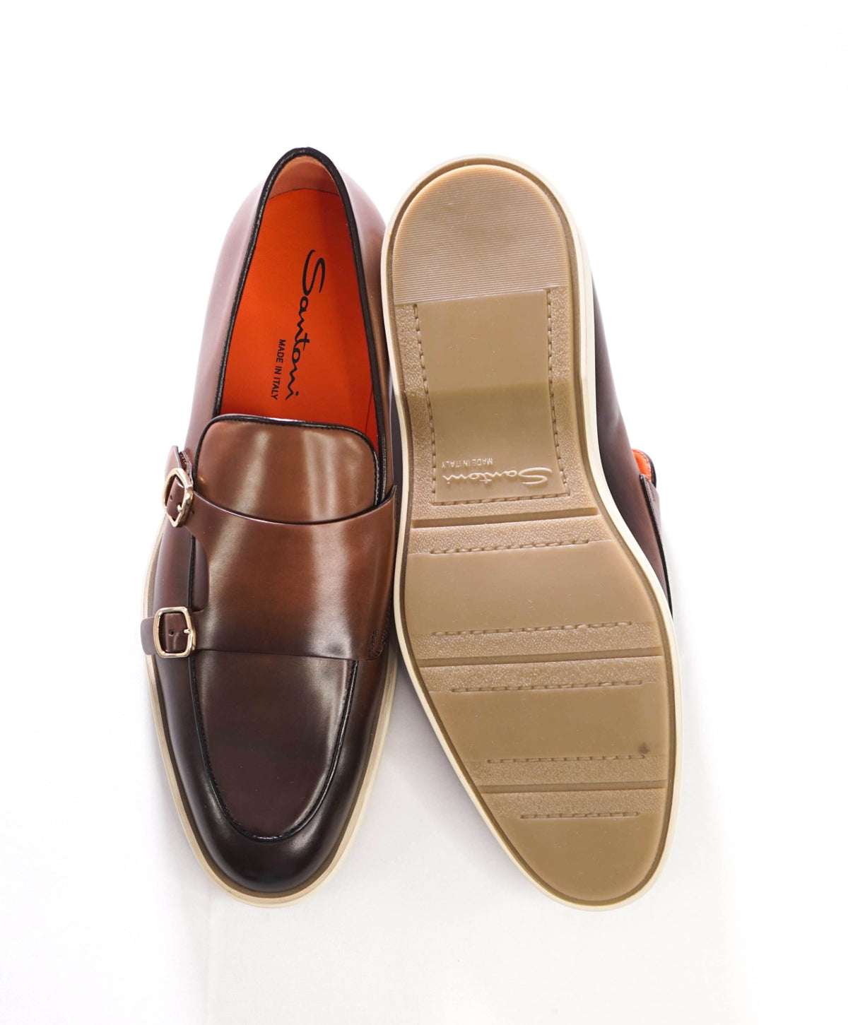 $790 SANTONI - Brown Leather Monk Strap Loafers - US 10 (9UK)