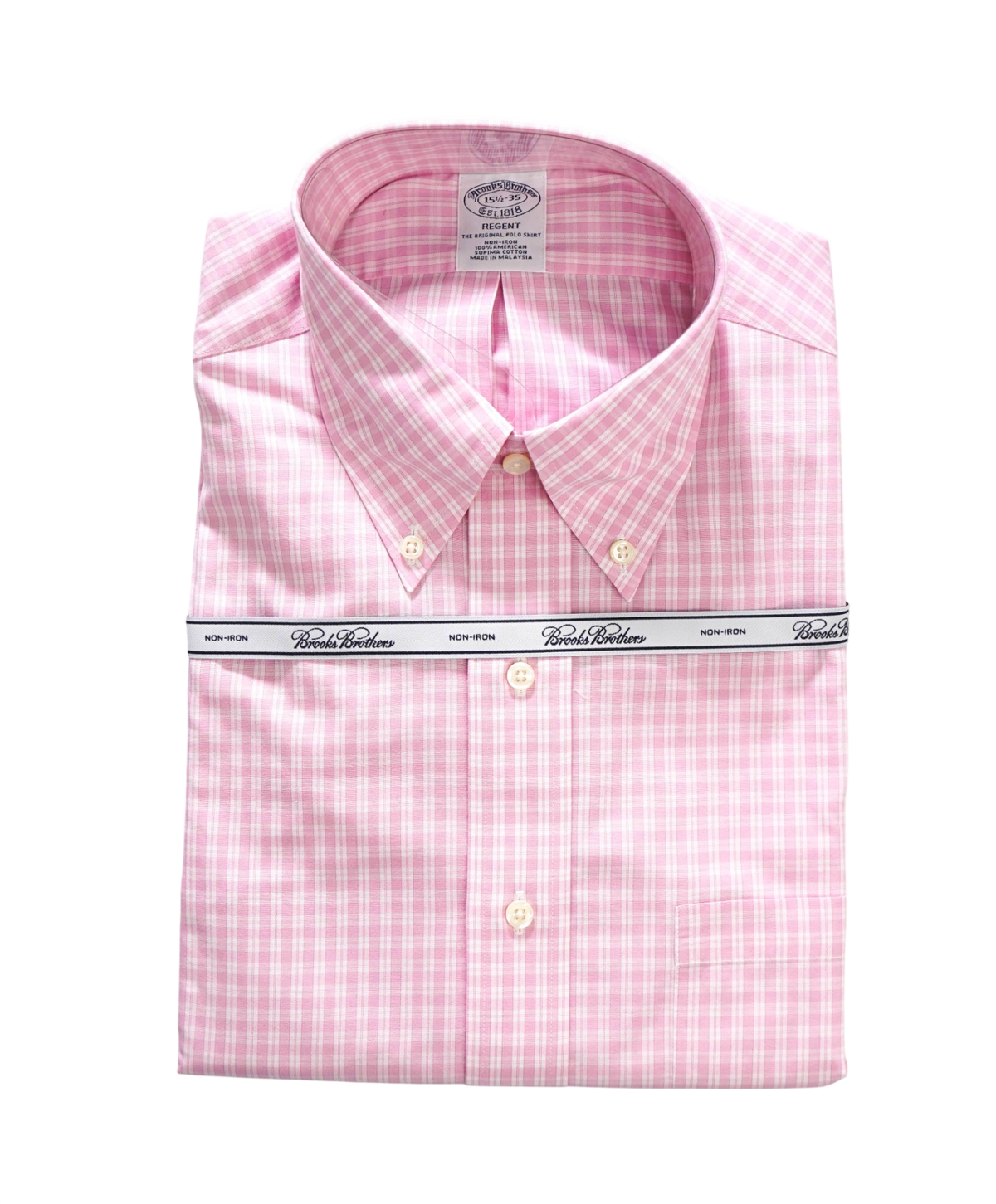 $128 BROOKS BROTHERS - Pink Plaid Non-Iron "REGENT" Shirt - 15.5 - 35