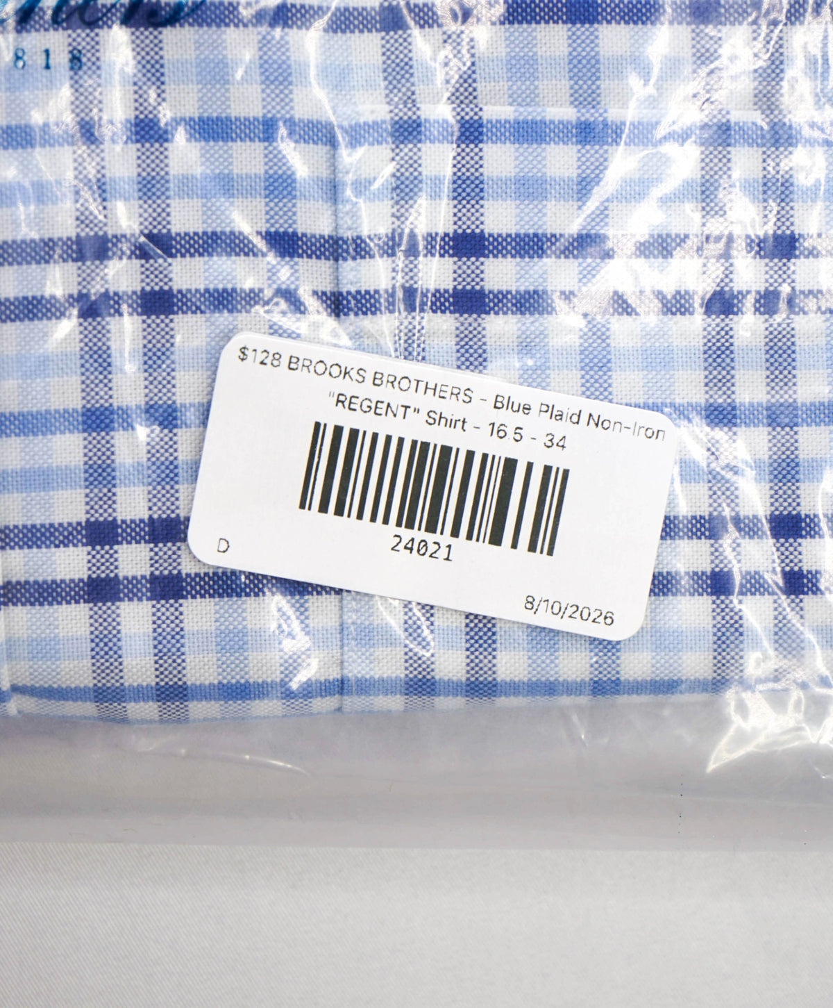 $128 BROOKS BROTHERS - Blue Plaid Non-Iron "REGENT" Shirt - 16.5 - 34