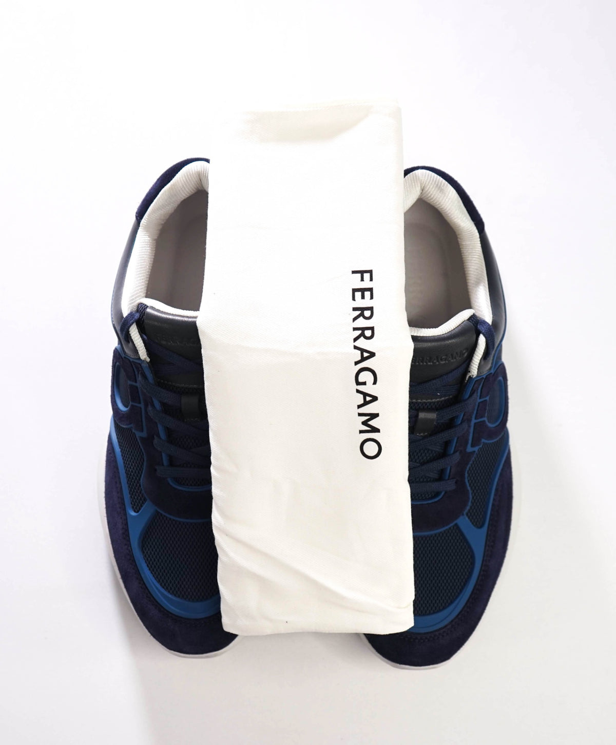 $850 FERRAGAMO - Navy Blue Suede/Leather/Knit Sneakers - 10 M