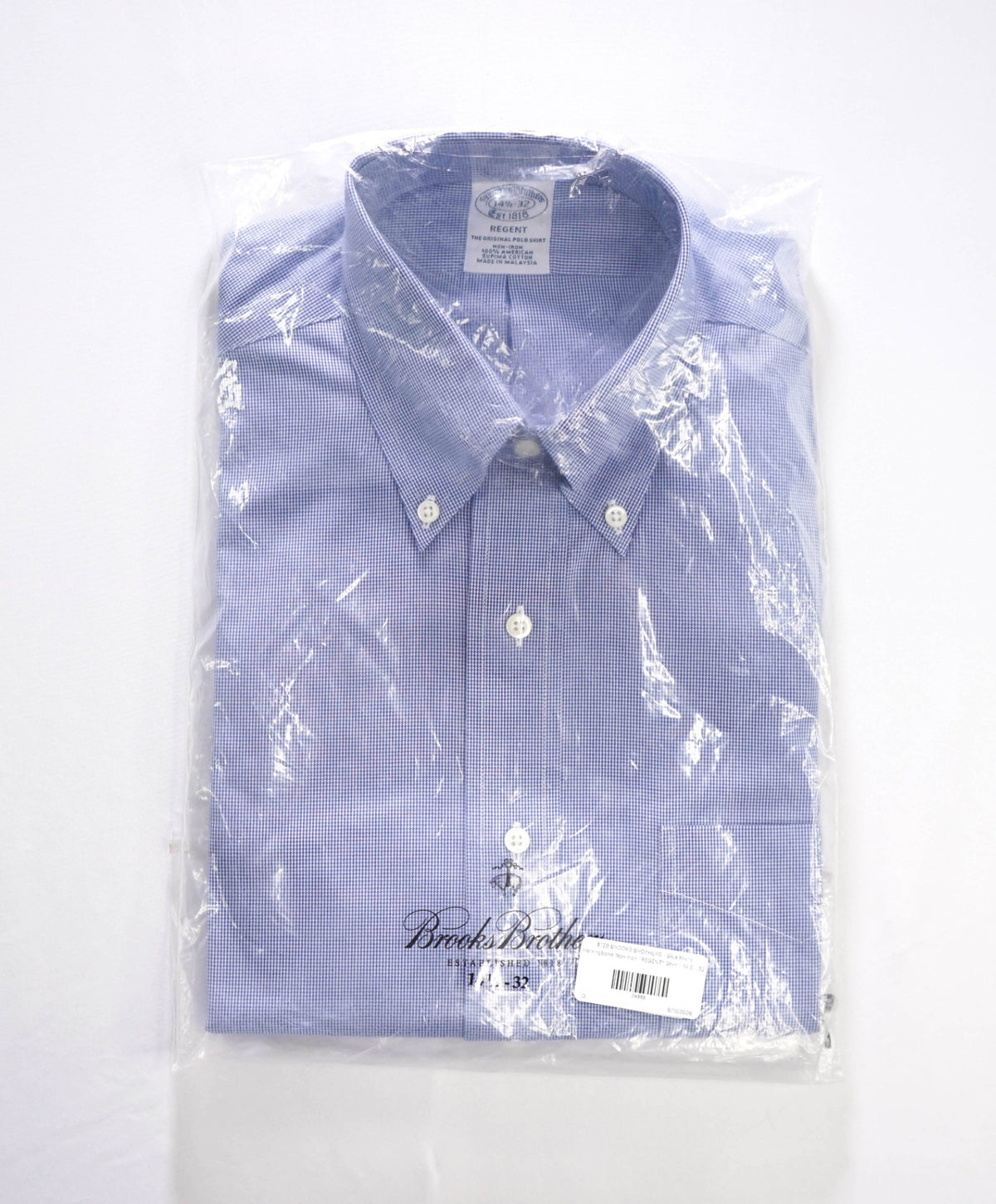 $128 BROOKS BROTHERS - Blue Micro Herringbone Non-Iron "REGENT" Shirt - 14.5 - 33