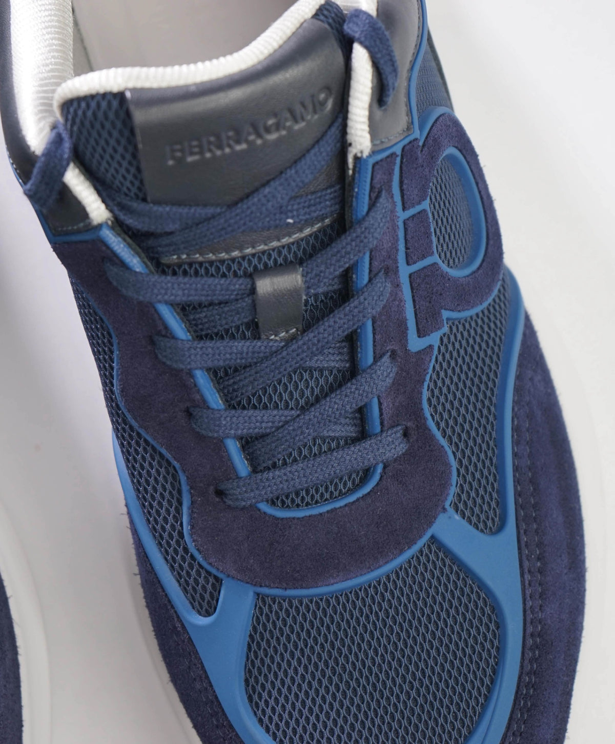 $850 FERRAGAMO - Navy Blue Suede/Leather/Knit Sneakers - 10 M