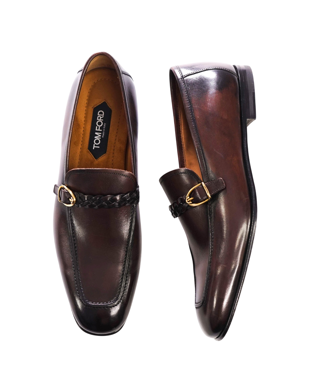 $2,393 TOM FORD - Brown Leather Braided Strap Loafers - US 12 (11.5 TF)