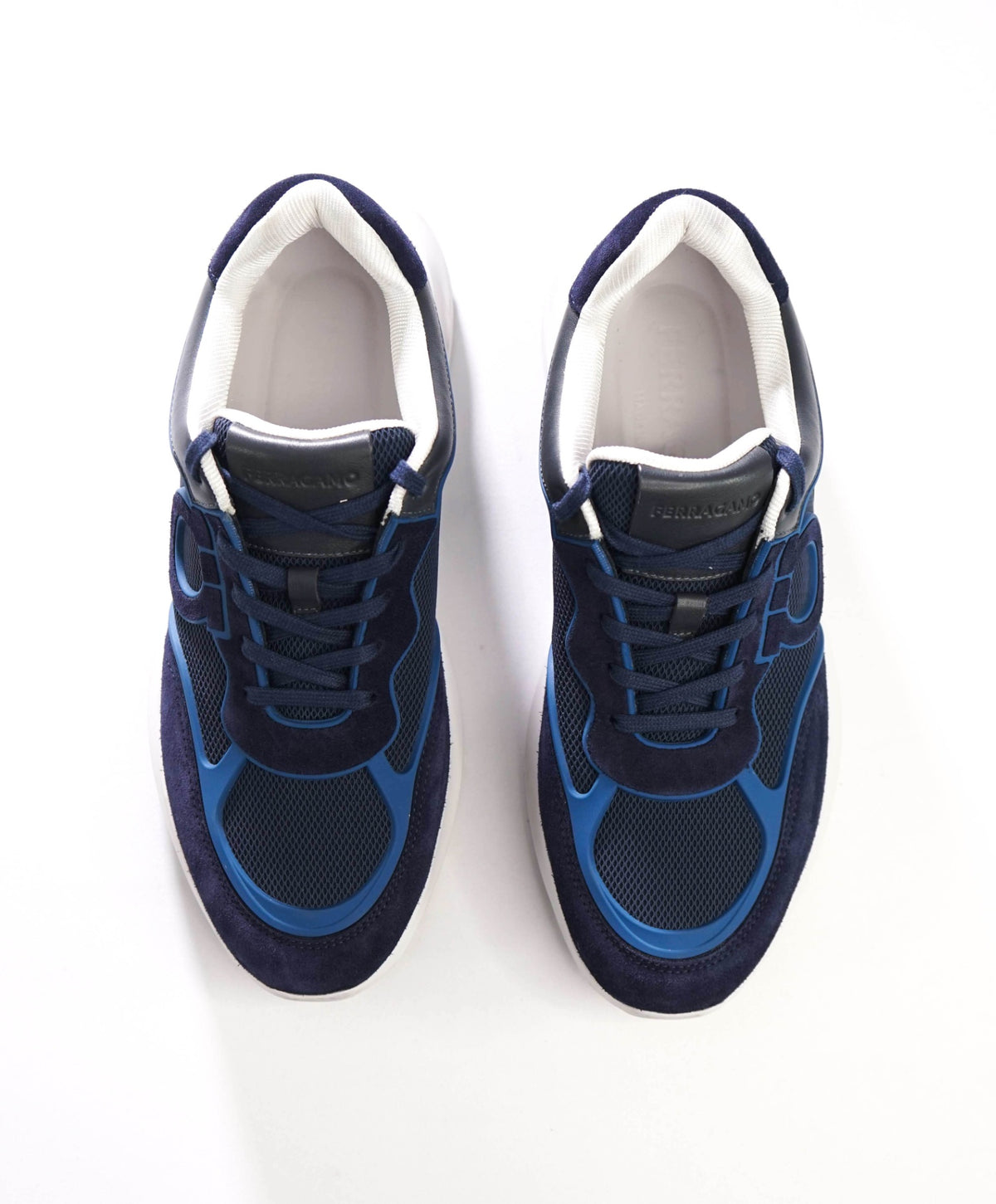 $850 FERRAGAMO - Navy Blue Suede/Leather/Knit Sneakers - 10 M