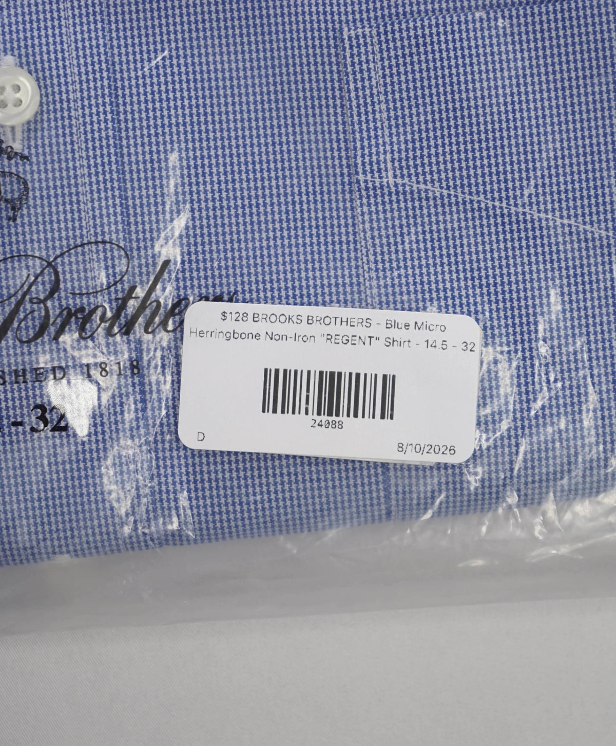 $128 BROOKS BROTHERS - Blue Micro Herringbone Non-Iron "REGENT" Shirt - 14.5 - 32