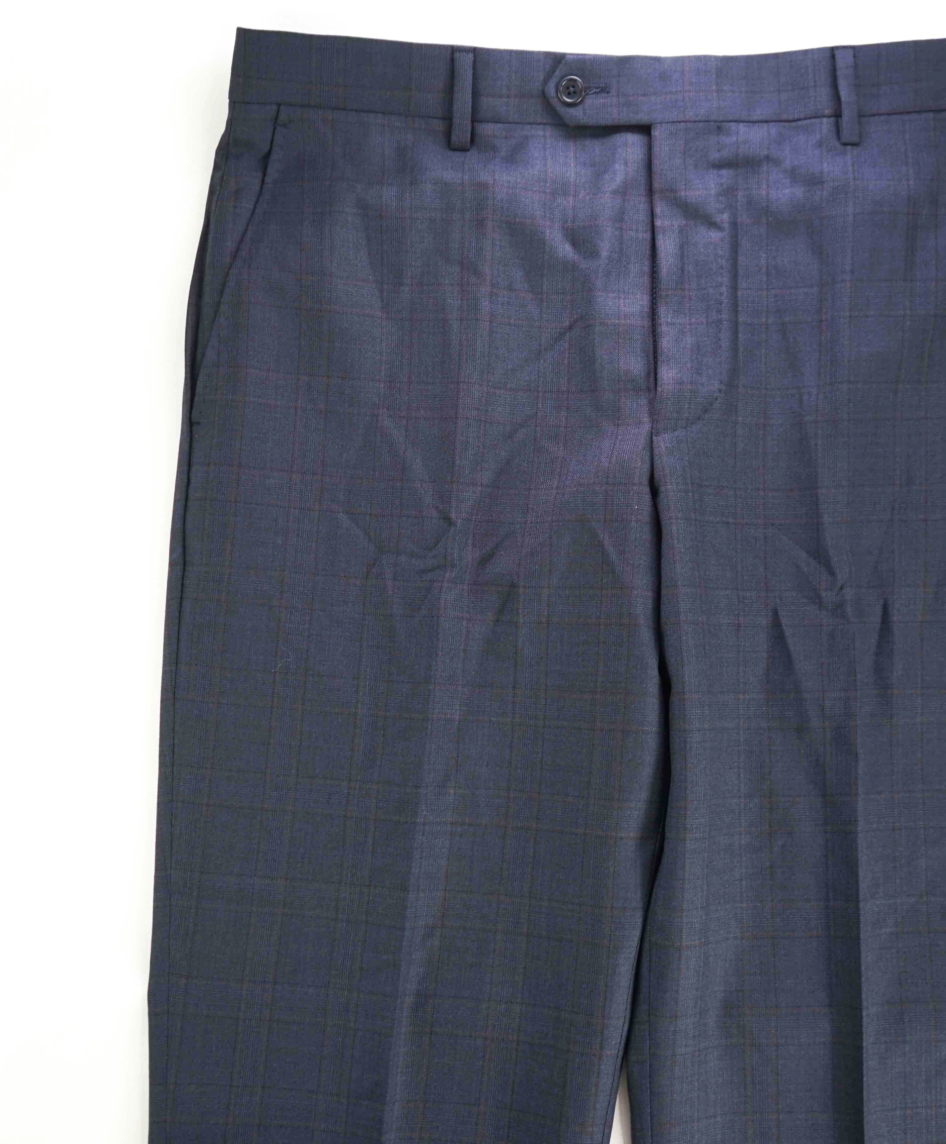 $398 SAKS FIFTH AVE - Blue/Purple Check MADE IN ITALY Flat Front Dress Pants - 36W