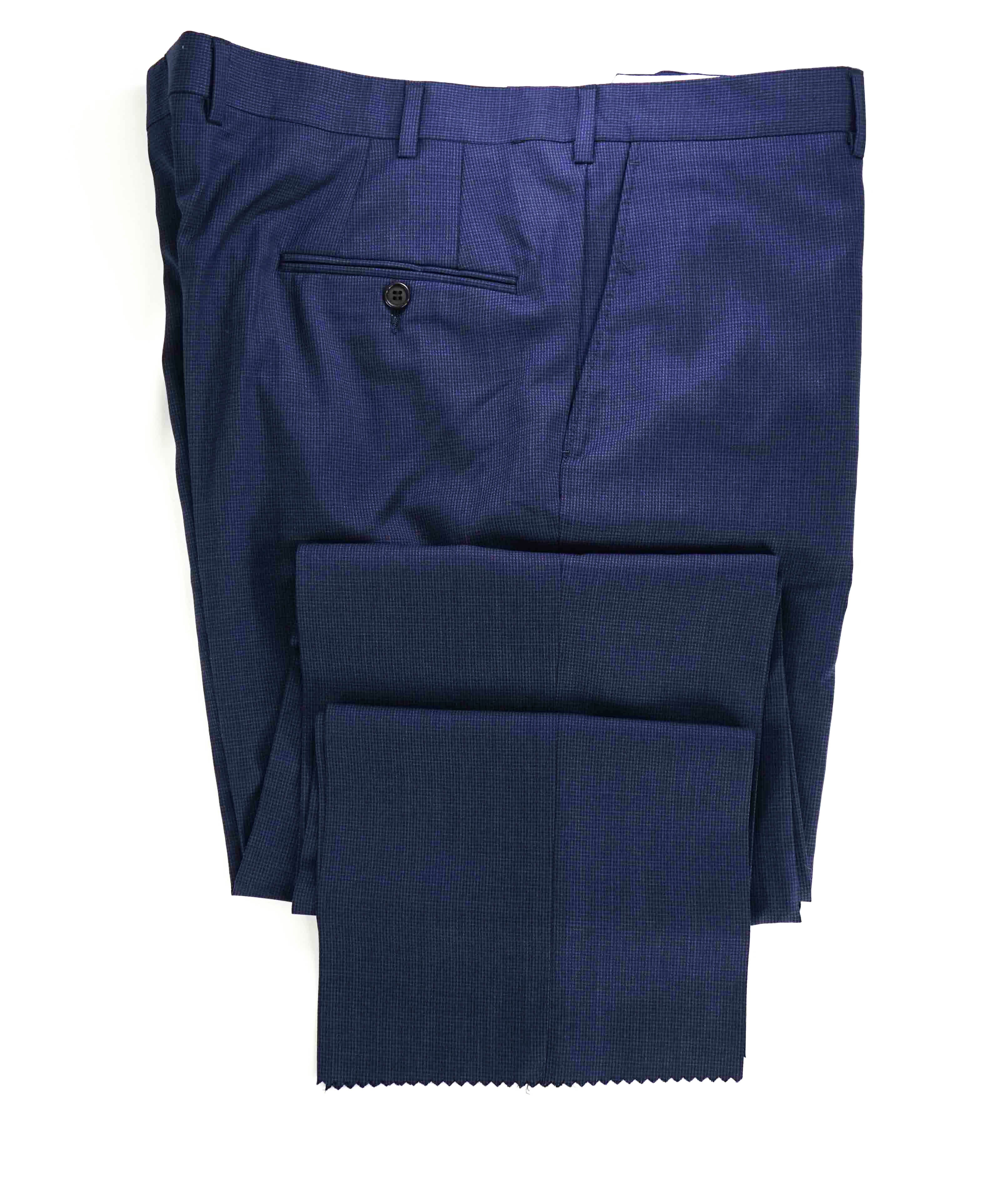 HICKEY FREEMAN - Heathered Blue Micro Check Wool Flat Front Dress Pants - 40W