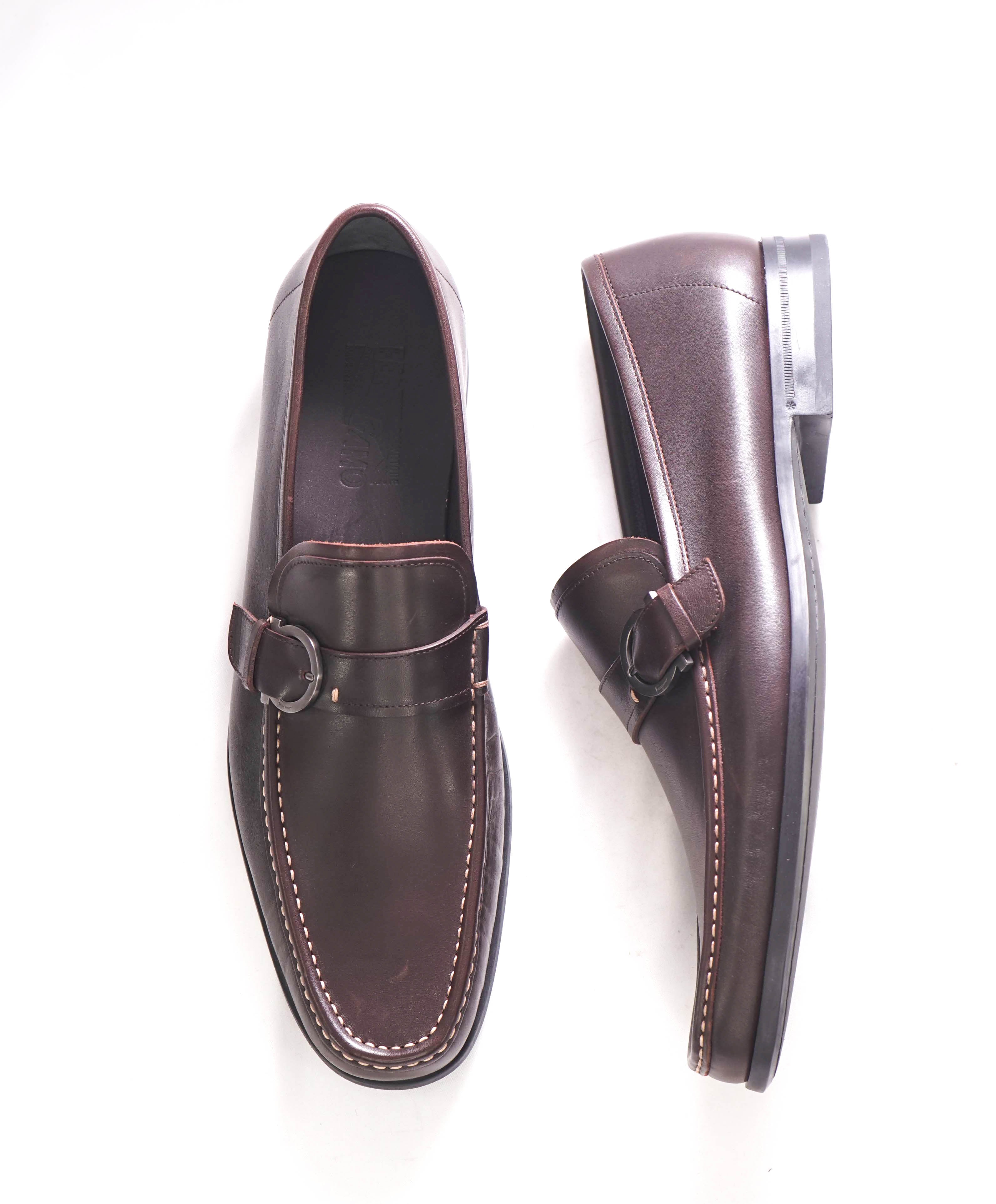 $850 SALVATORE FERRAGAMO - Single Gancini Bit Loafer Brown Pebbled Leather - 13 D