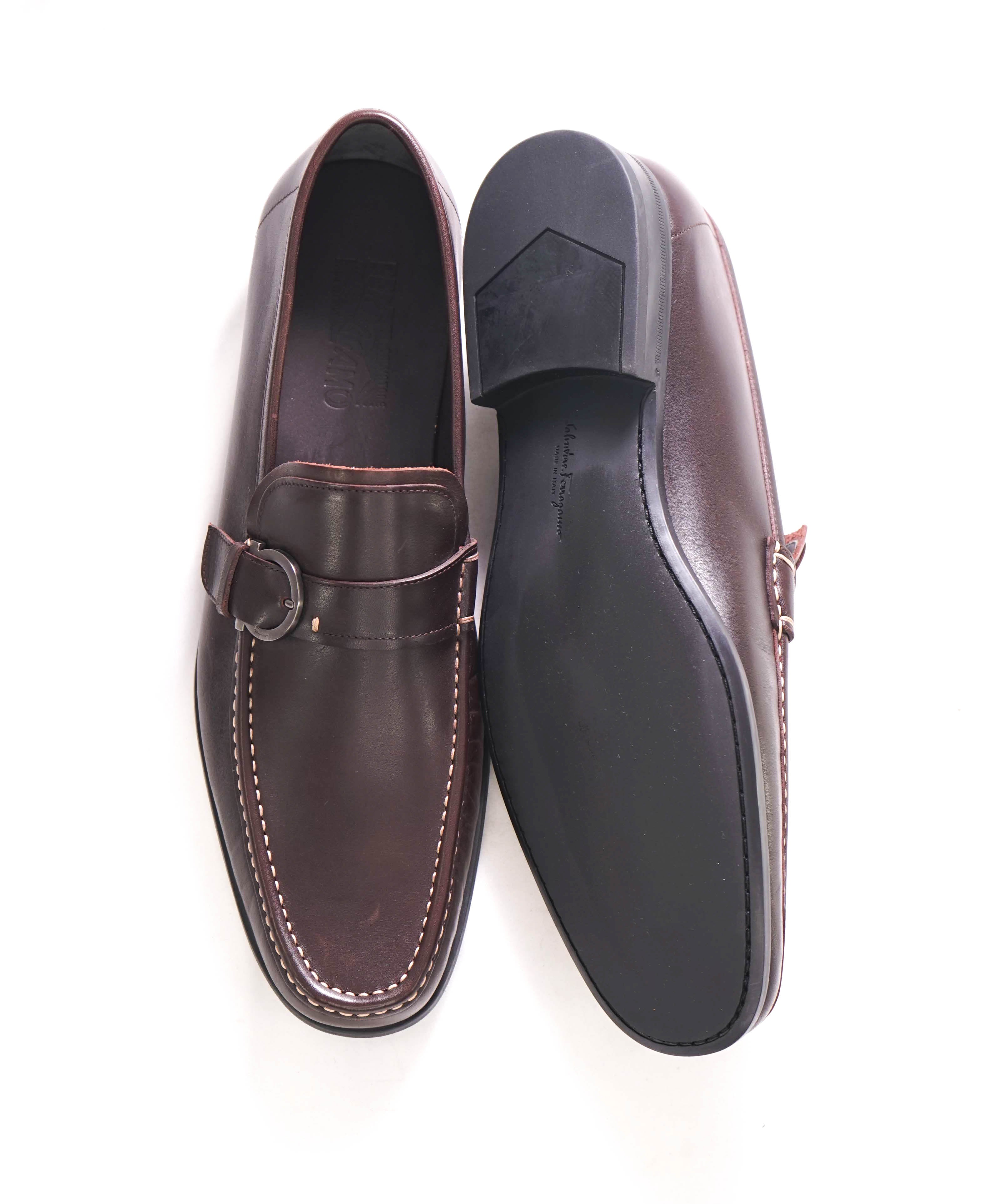 $850 SALVATORE FERRAGAMO - Single Gancini Bit Loafer Brown Pebbled Leather - 13 D